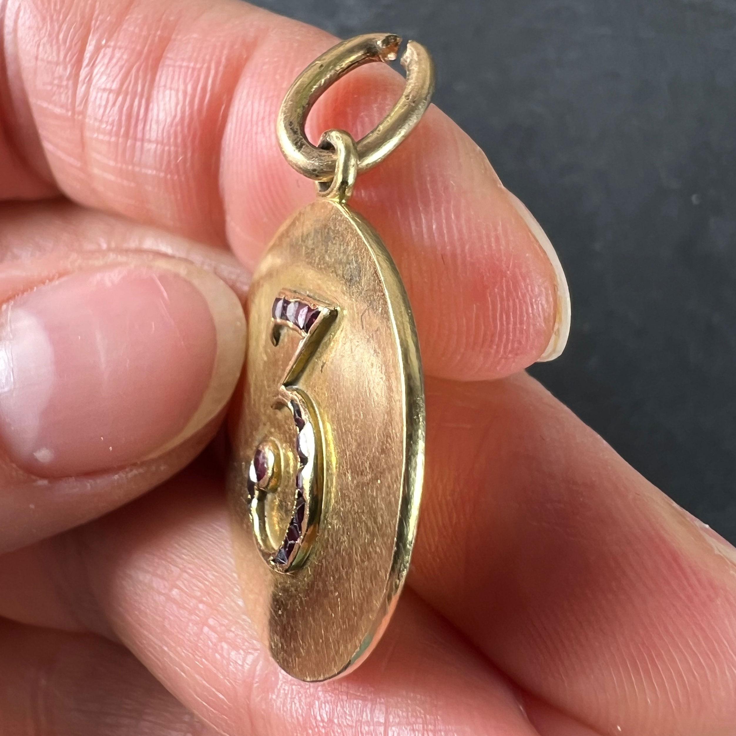 Lucky 'Number 3' Baguette Cut Ruby 18K Yellow Gold Good Luck Charm Pendant For Sale 2