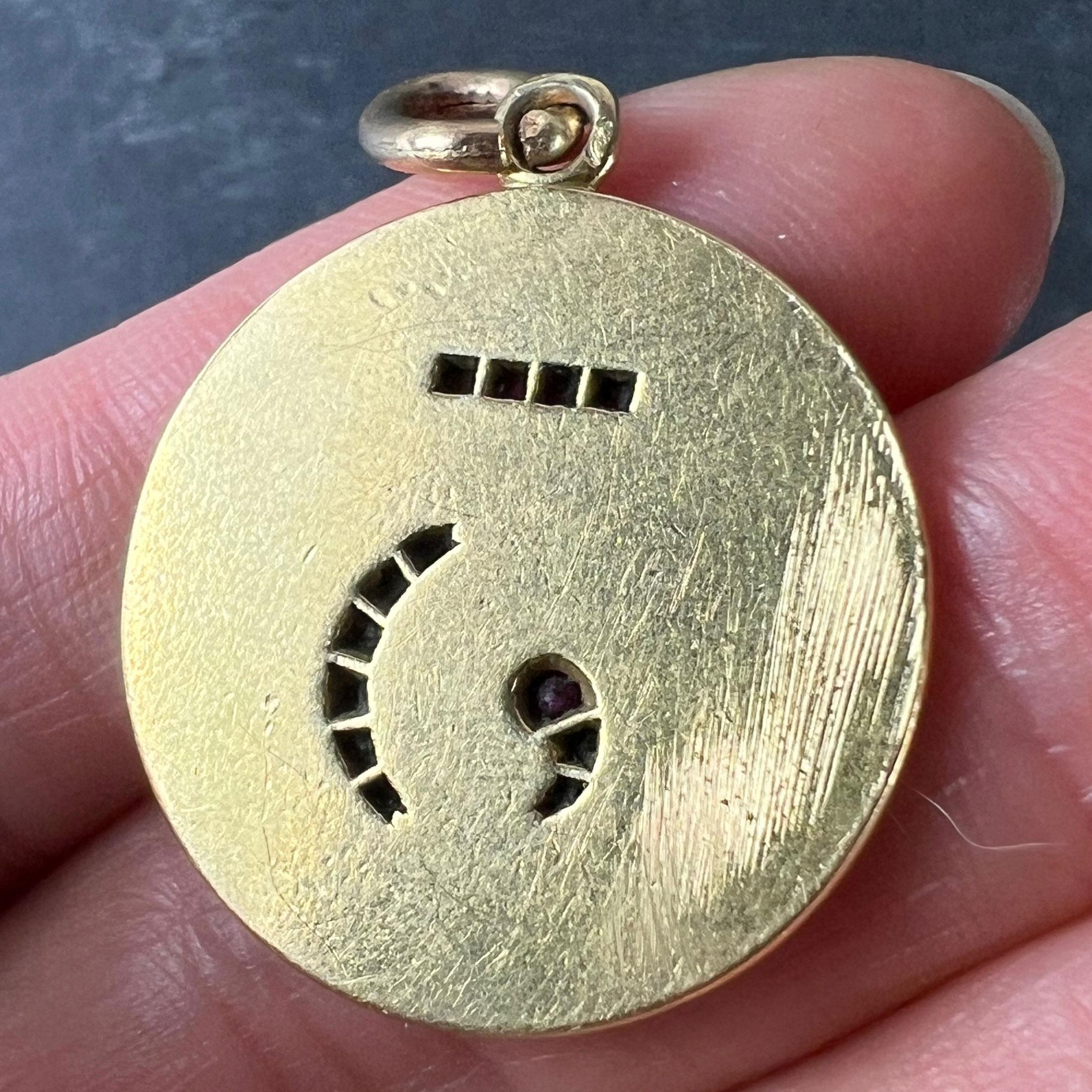 Lucky 'Number 3' Baguette Cut Ruby 18K Yellow Gold Good Luck Charm Pendant For Sale 3