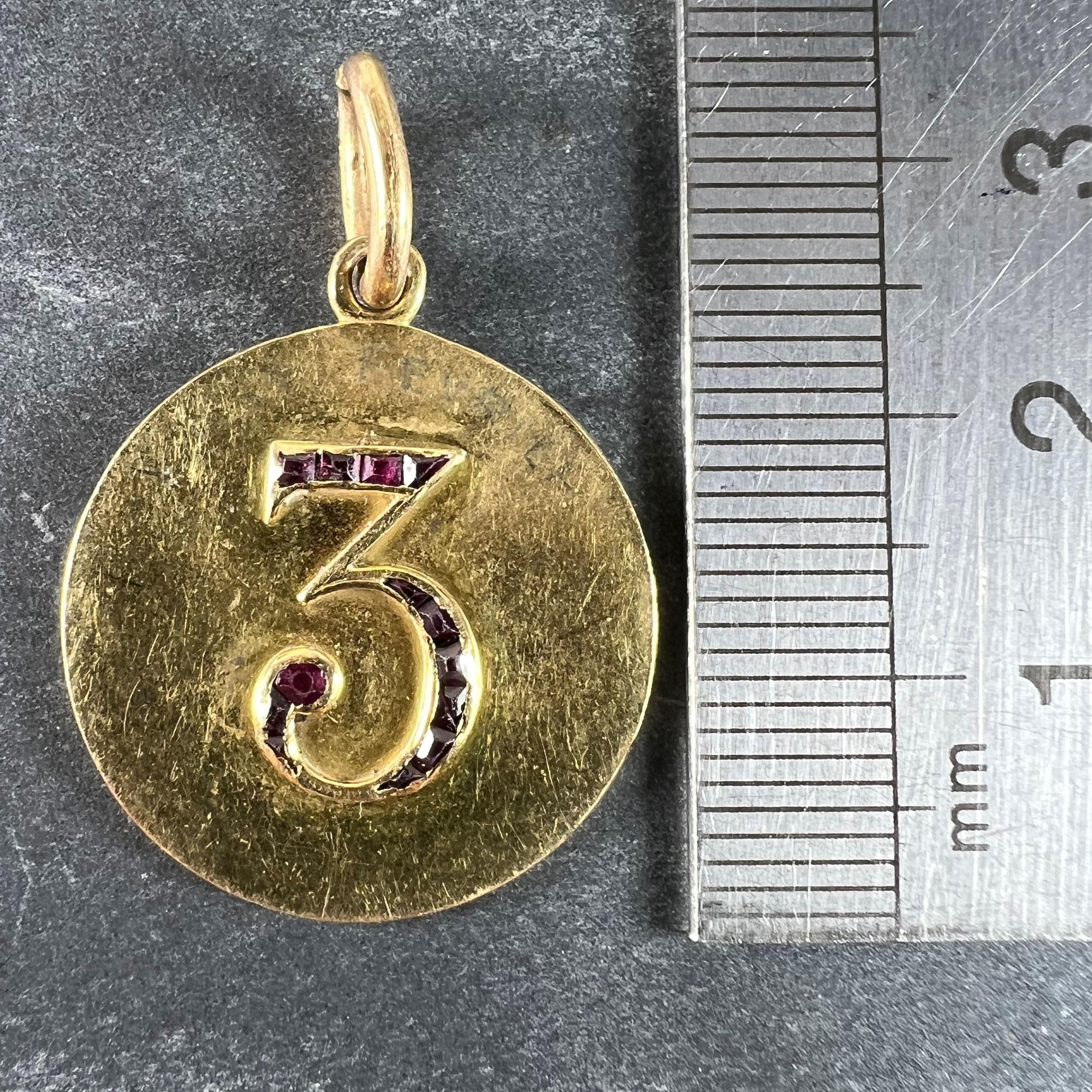 Lucky 'Number 3' Baguette Cut Ruby 18K Yellow Gold Good Luck Charm Pendant For Sale 4