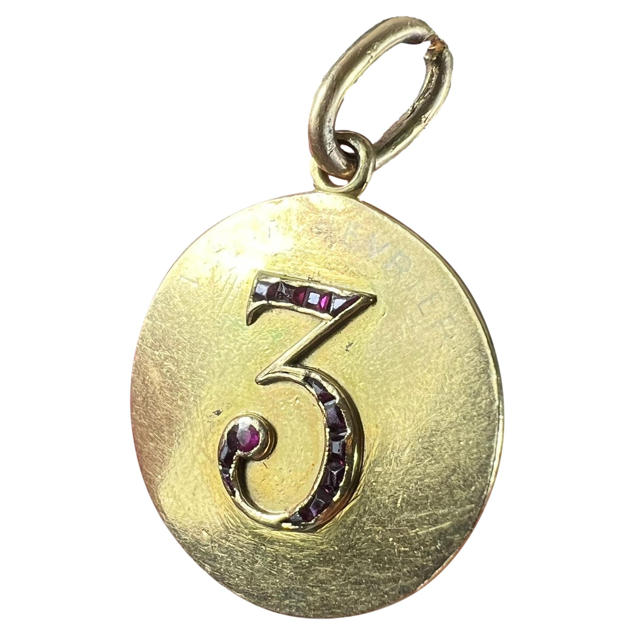 Lucky 
Number 3
 Baguette Cut Ruby 18K Yellow Gold Good Luck Charm Pendant For Sale