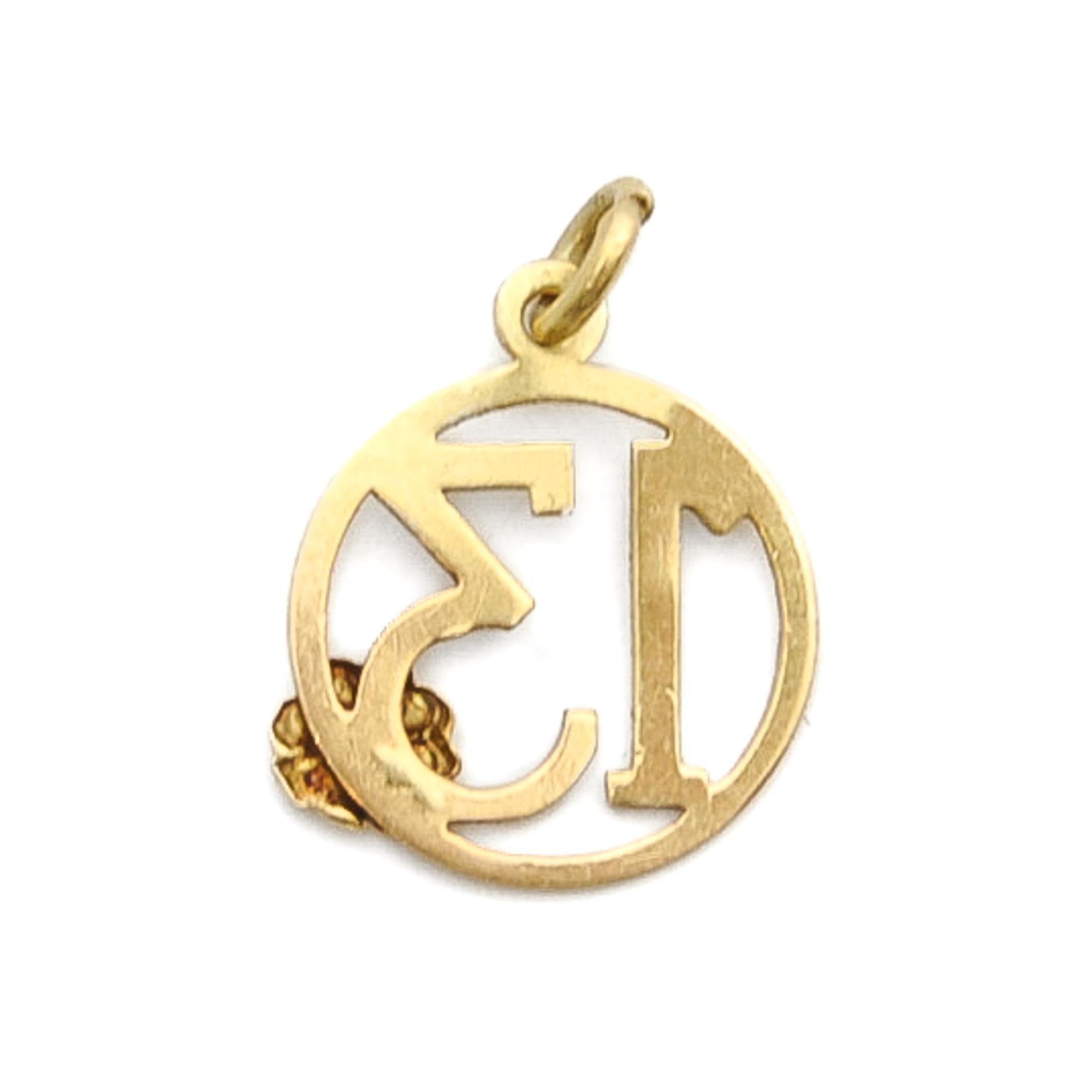 Lucky Number Thirteen and 18K Yellow Gold Vintage Charm Pendant In Good Condition In Rotterdam, NL