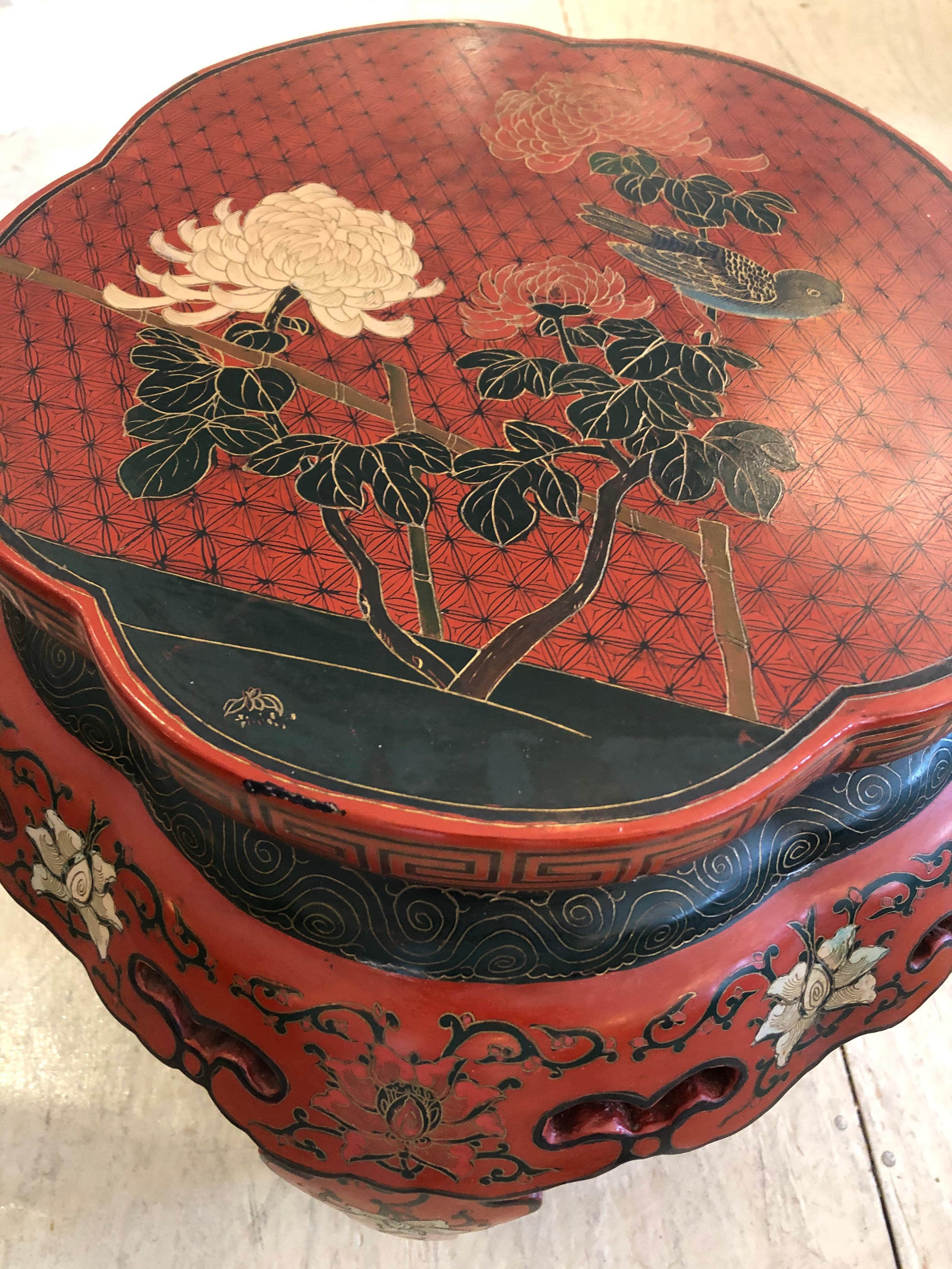 Lucky Red Painted Round Chinese Side Table with Bird and Greek Key Design 4