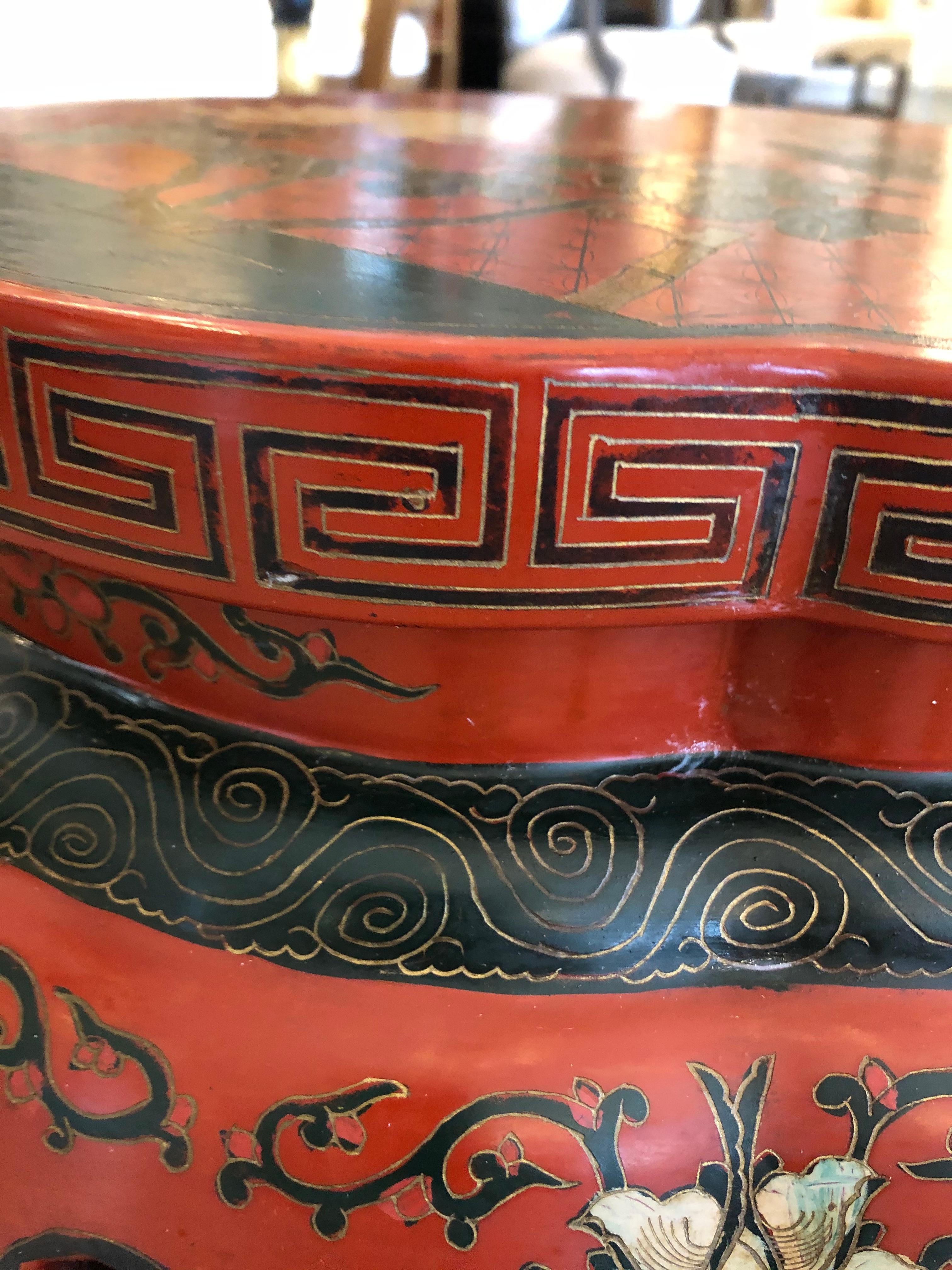 Lucky Red Painted Round Chinese Side Table with Bird and Greek Key Design 5
