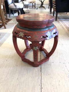 Lucky Red Painted Round Chinese Side Table with Bird and Greek Key Design