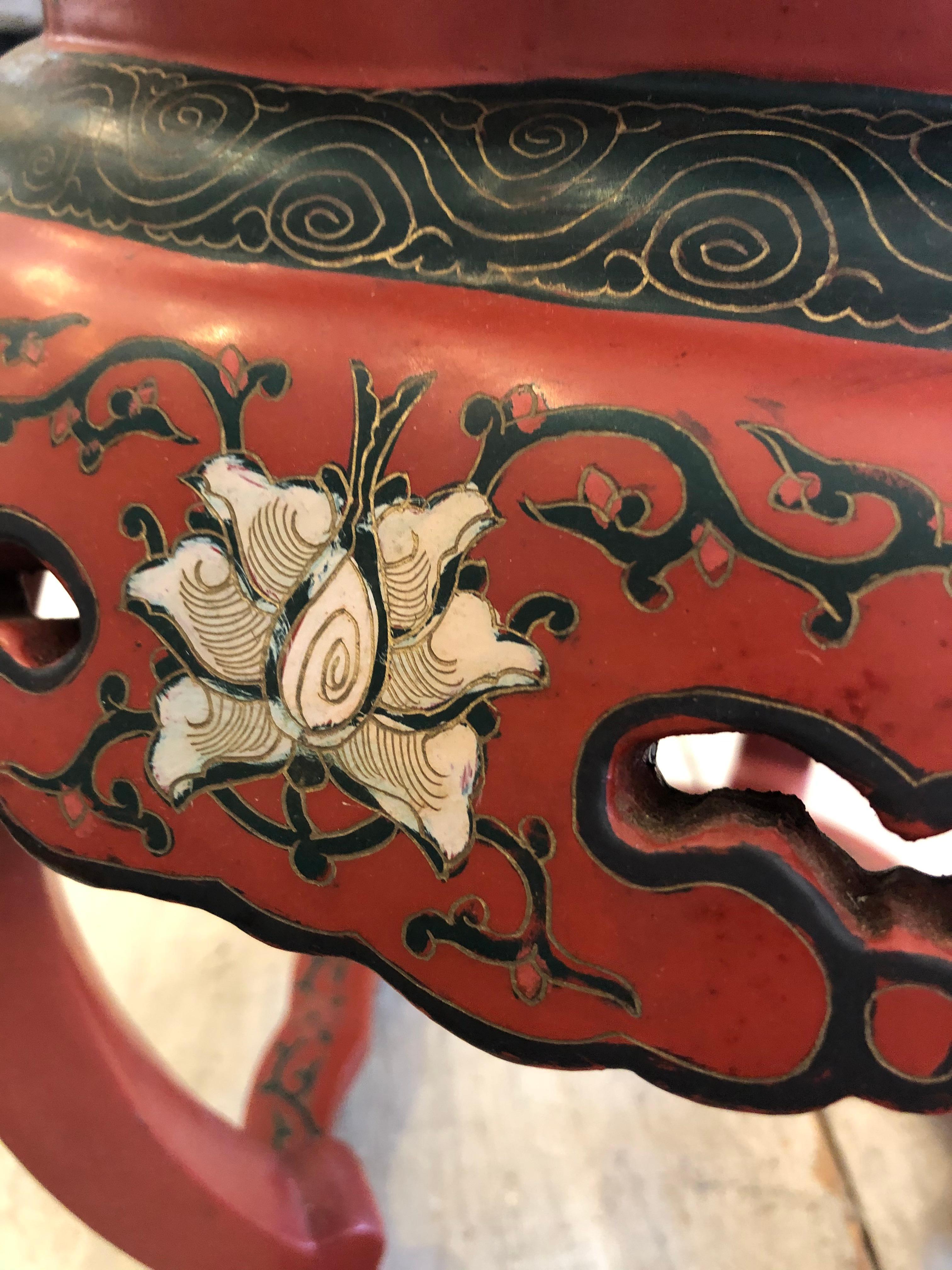 Mid-20th Century Lucky Red Painted Round Chinese Side Table with Bird and Greek Key Design