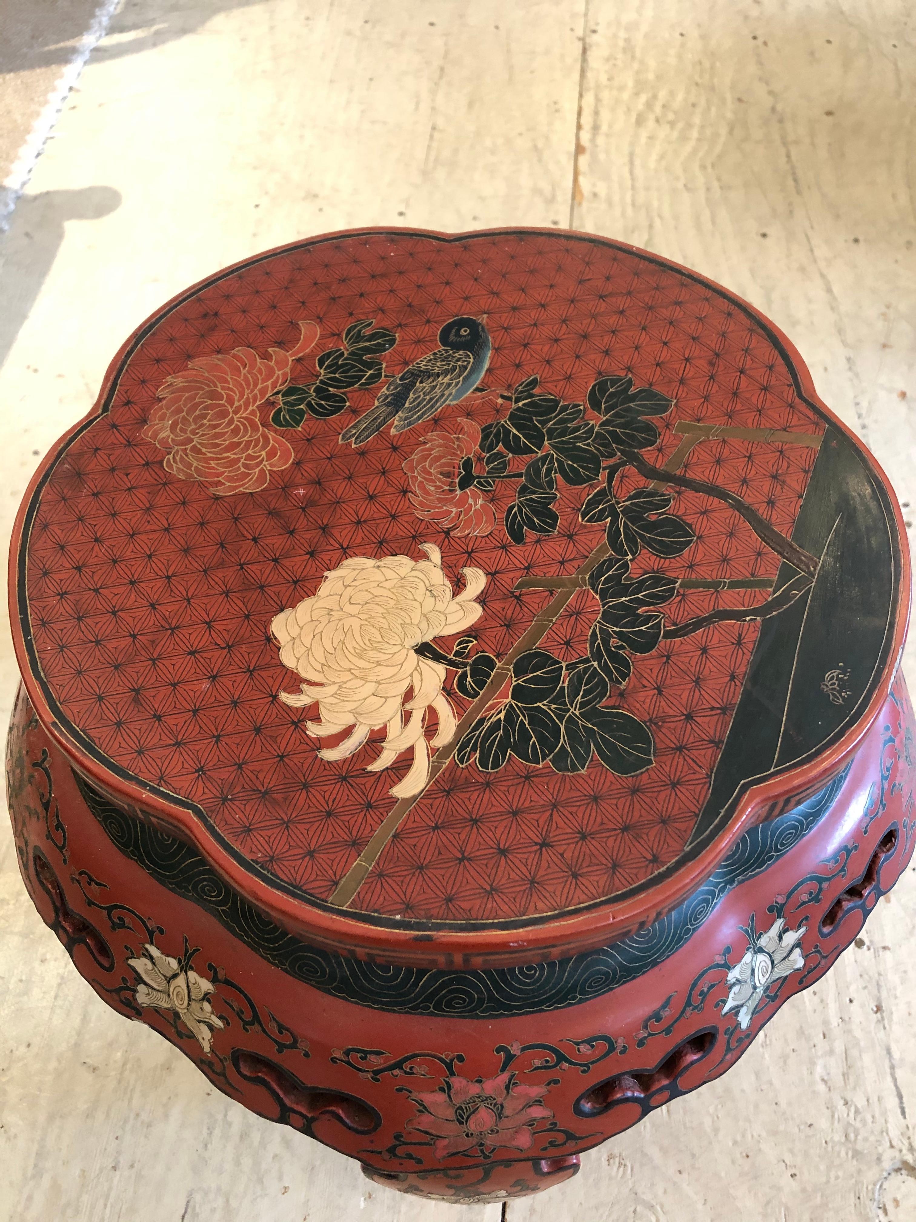 Lucky Red Painted Round Chinese Side Table with Bird and Greek Key Design 1