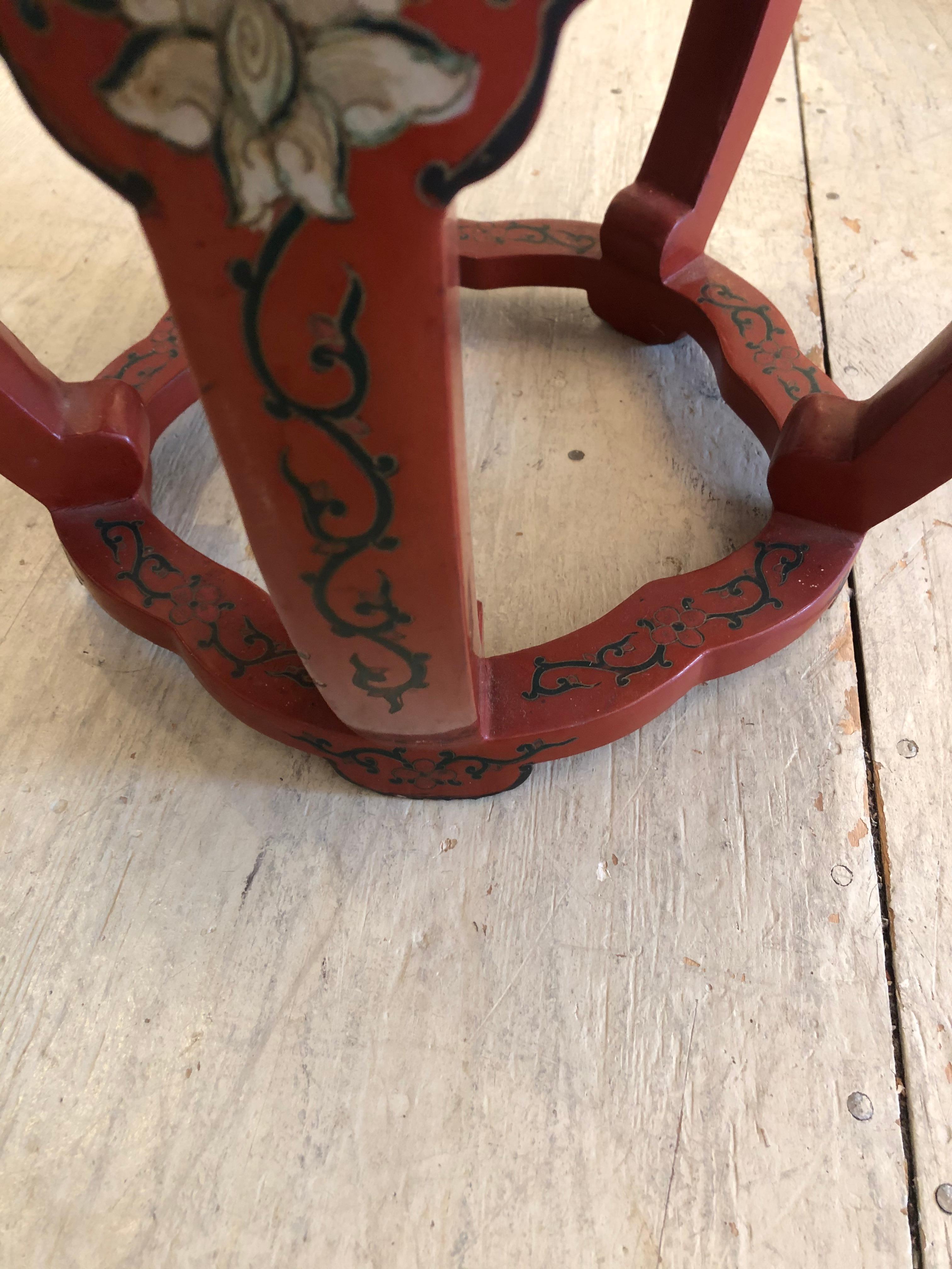 Lucky Red Painted Round Chinese Side Table with Bird and Greek Key Design 2