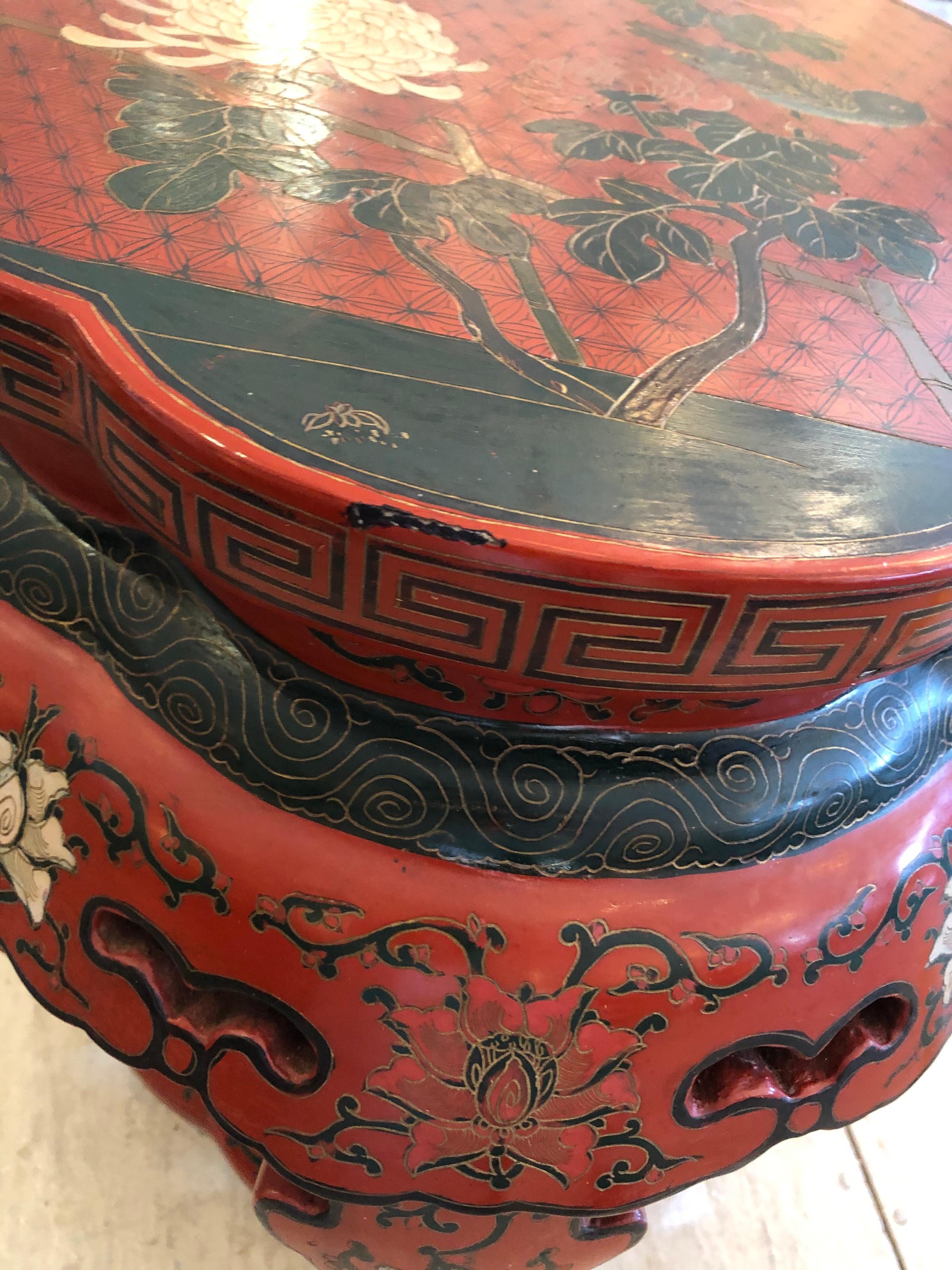 Lucky Red Painted Round Chinese Side Table with Bird and Greek Key Design 3