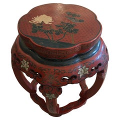 Lucky Red Painted Round Chinese Side Table with Bird and Greek Key Design