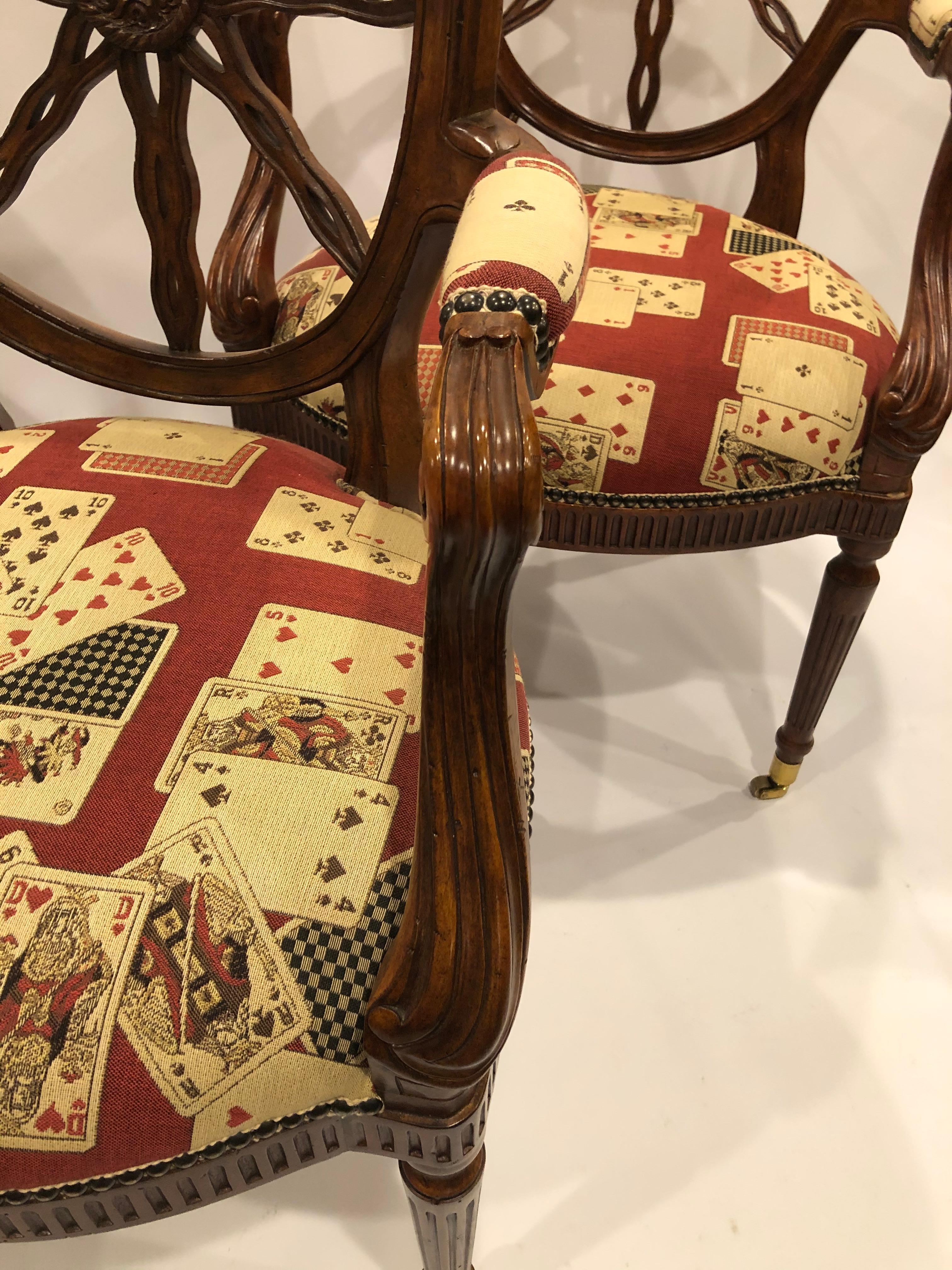 Contemporary Lucky Set of 4 Rich Maitland Smith Carved Wood & Upholstered Armchairs For Sale