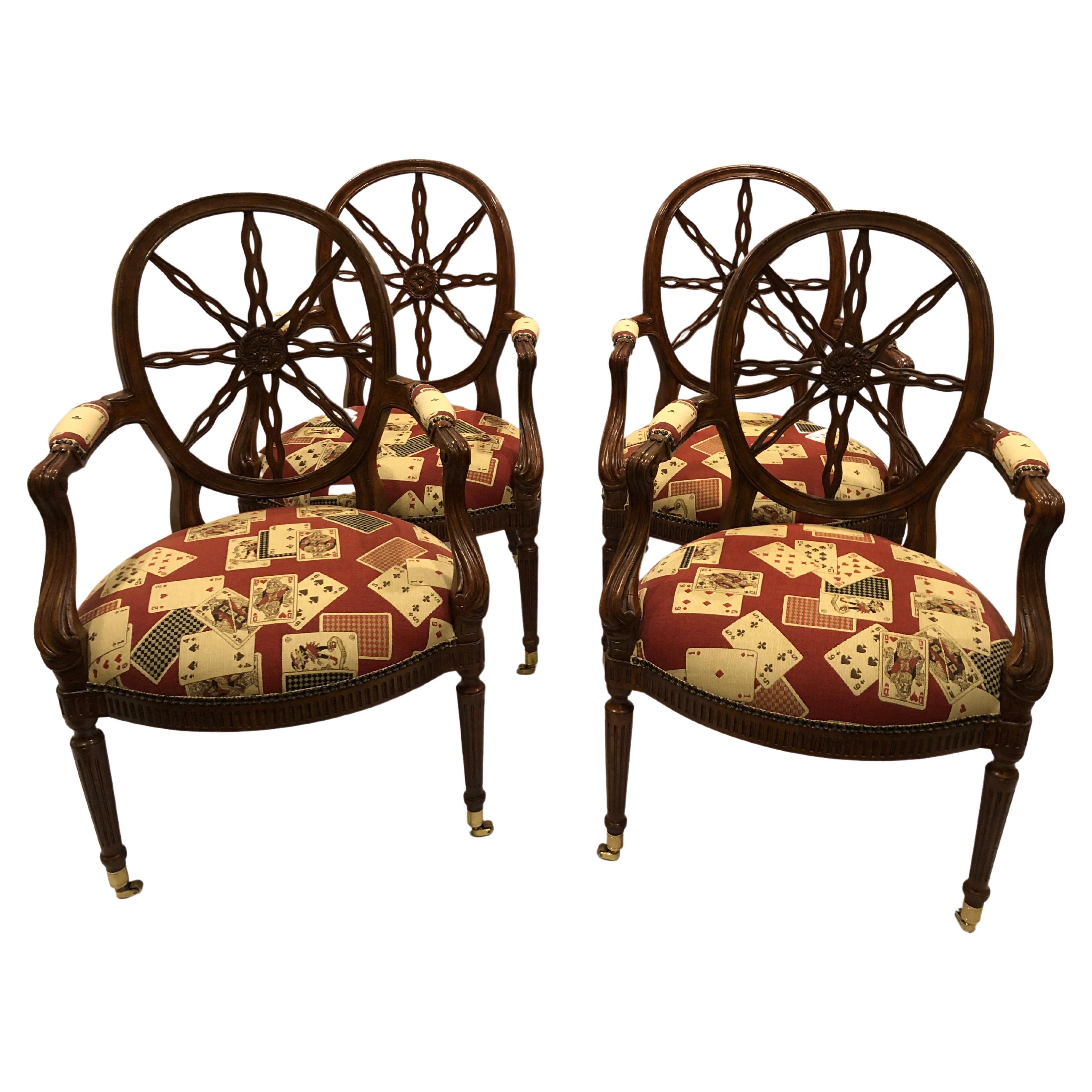 Lucky Set of 4 Rich Maitland Smith Carved Wood & Upholstered Armchairs For Sale