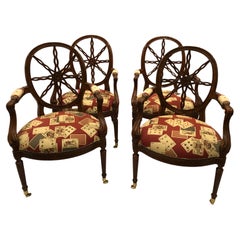 Lucky Set of 4 Rich Maitland Smith Carved Wood & Upholstered Armchairs