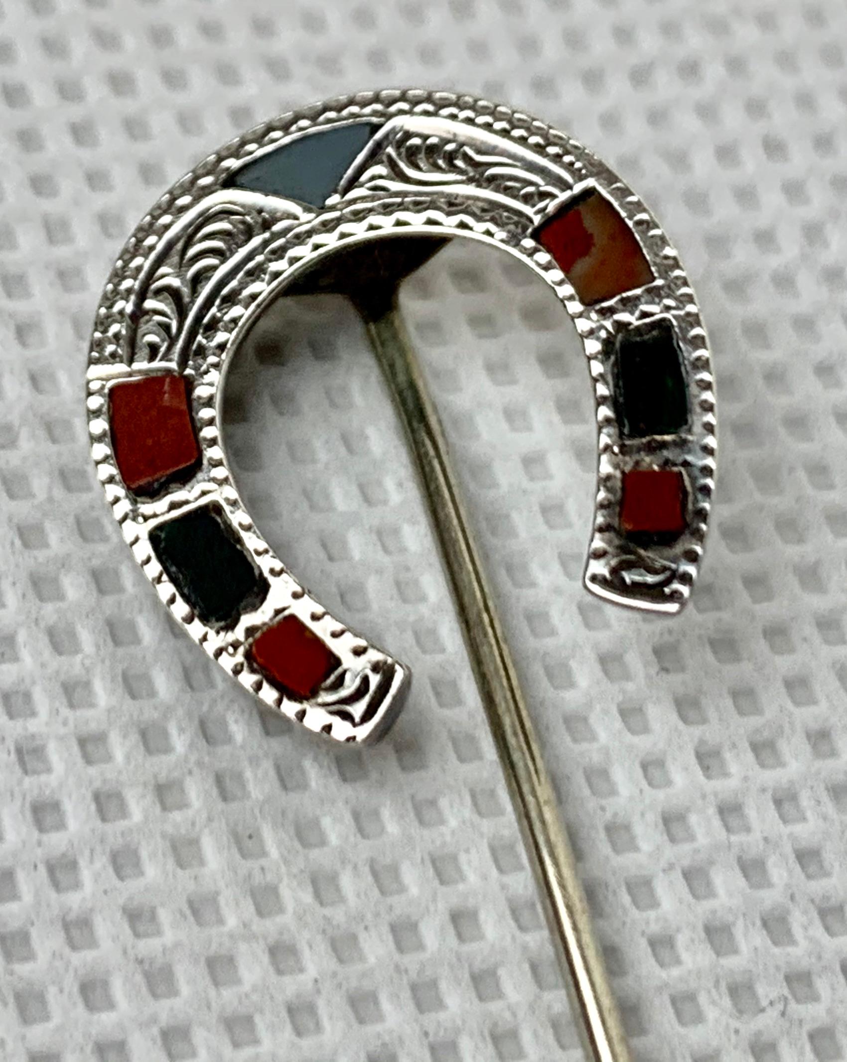 Women's or Men's Lucky Horseshoe Stickpin with Bloodstone & Jasper-Scotland, 19th c.