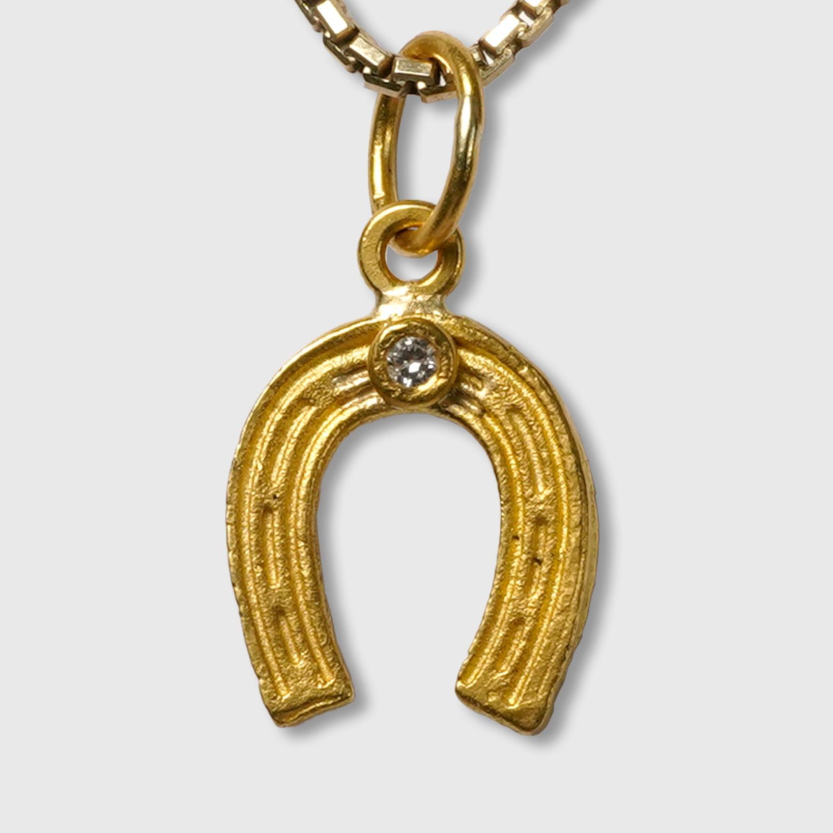 Art Deco Lucky Traditional Horse Shoe Charm Pendant, Solid 24K Gold and 0.02ct Diamond For Sale
