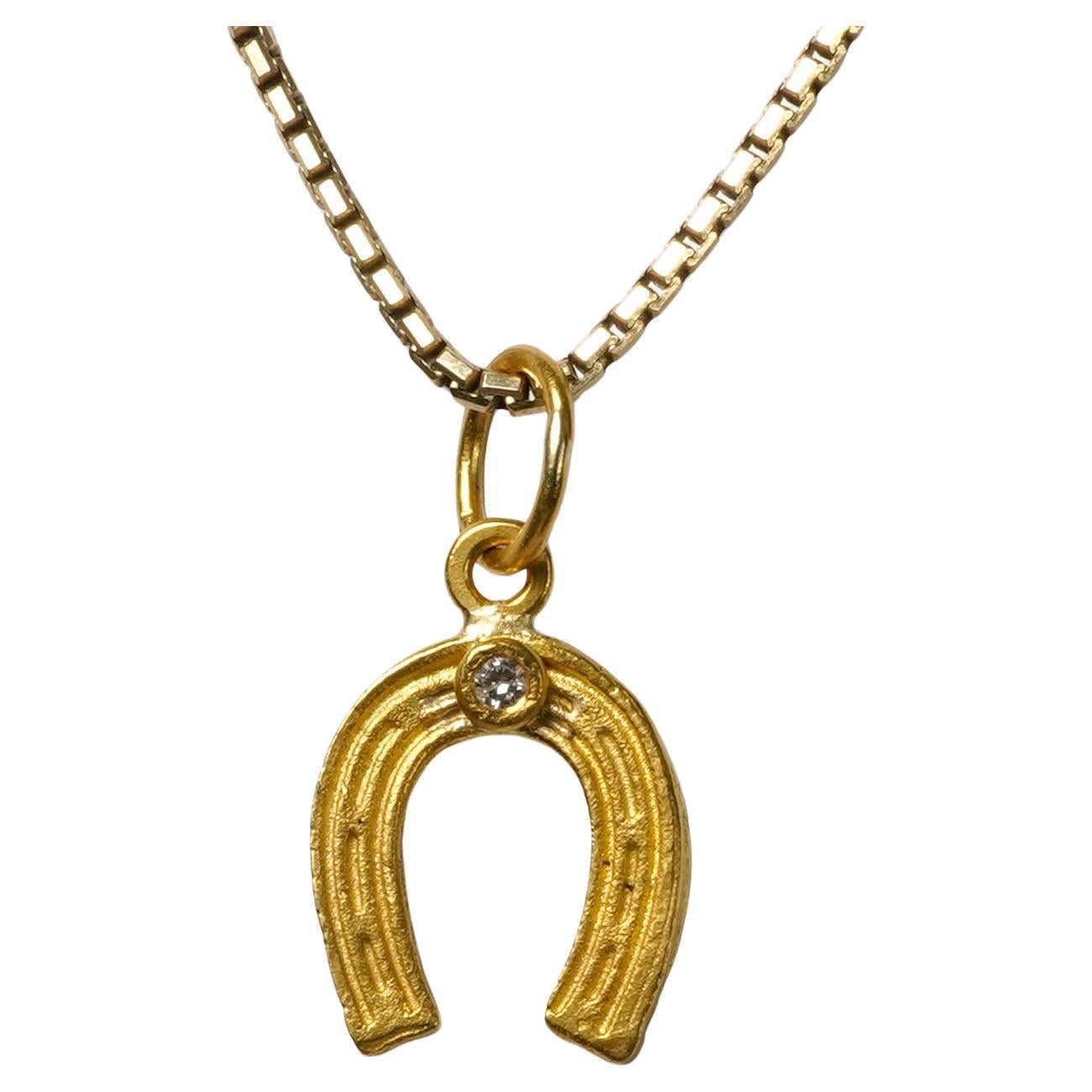 Lucky Traditional Horse Shoe Charm Pendant, Solid 24K Gold and 0.02ct Diamond For Sale