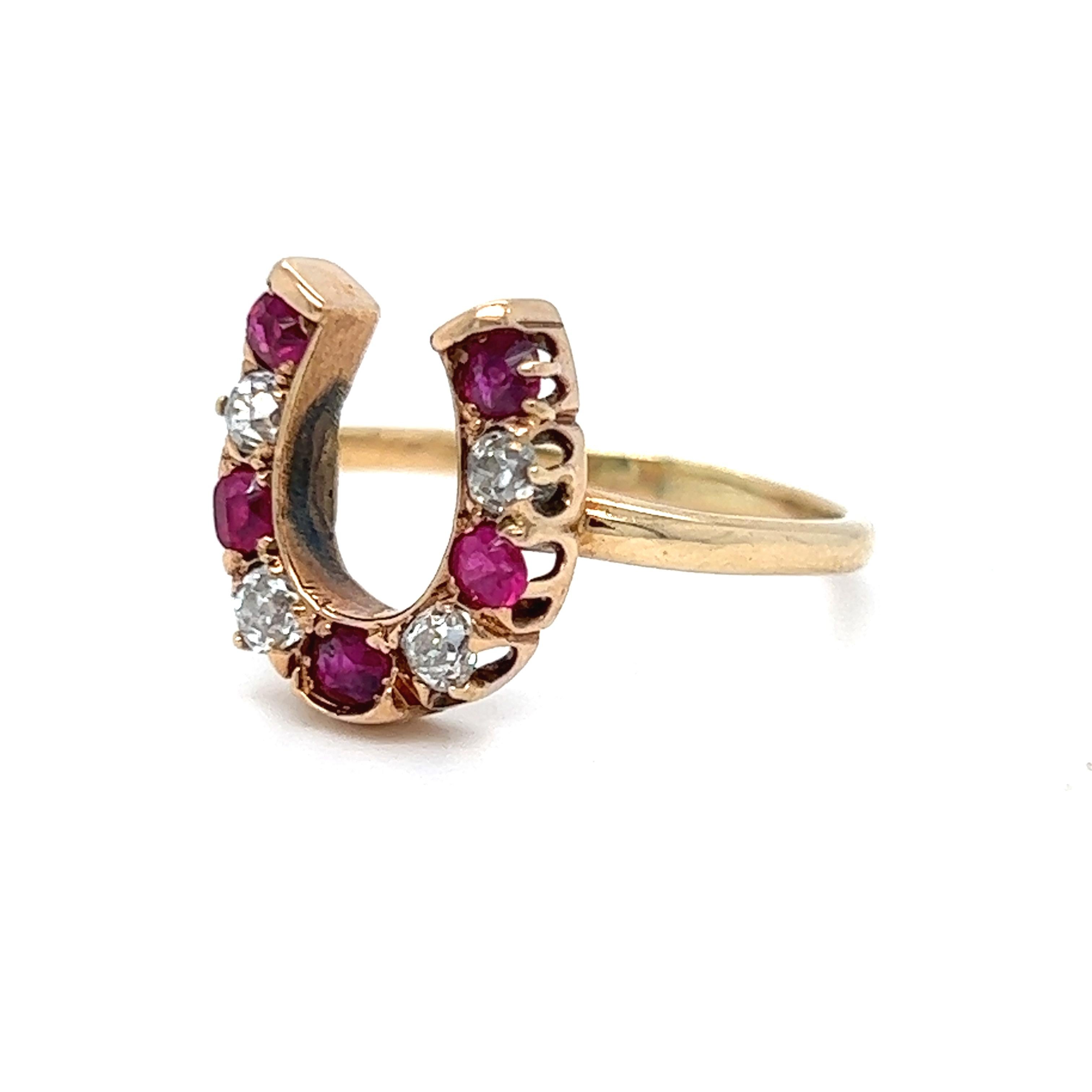 Late Victorian Lucky Vintage Horseshoe Ring in Diamonds, Rubies, and 14K Yellow Gold. For Sale