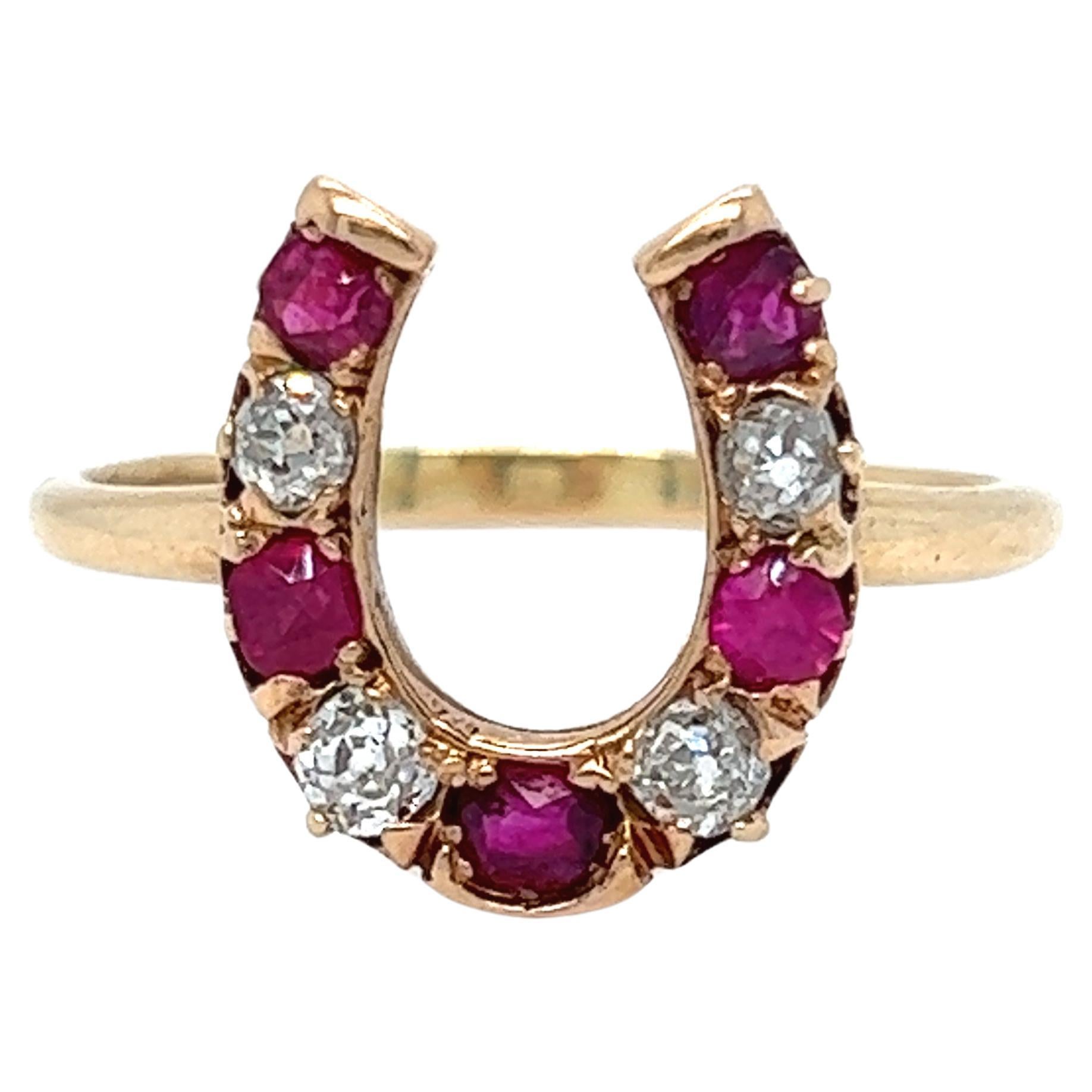 Lucky Vintage Horseshoe Ring in Diamonds, Rubies, and 14K Yellow Gold. For Sale