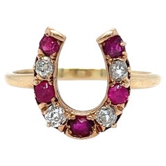 Lucky Antique Horseshoe Ring in Diamonds, Rubies, and 14K Yellow Gold.