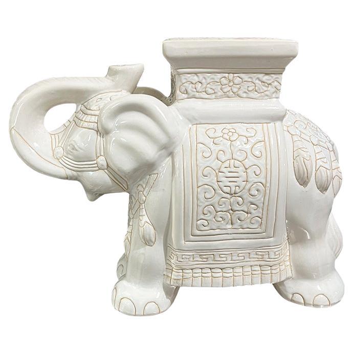 Lucky Vintage White Ceramic Elephant Garden Stool or Side Table with Asian Motif