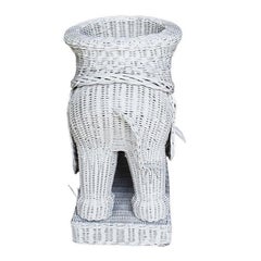 Lucky White Wicker Elephant Plant Stand with Trunk Up, 1970s