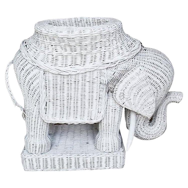 Lucky White Wicker Elephant Plant Stand with Trunk Up, 1970s For Sale