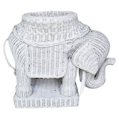 Lucky White Wicker Elephant Plant Stand with Trunk Up, 1970s