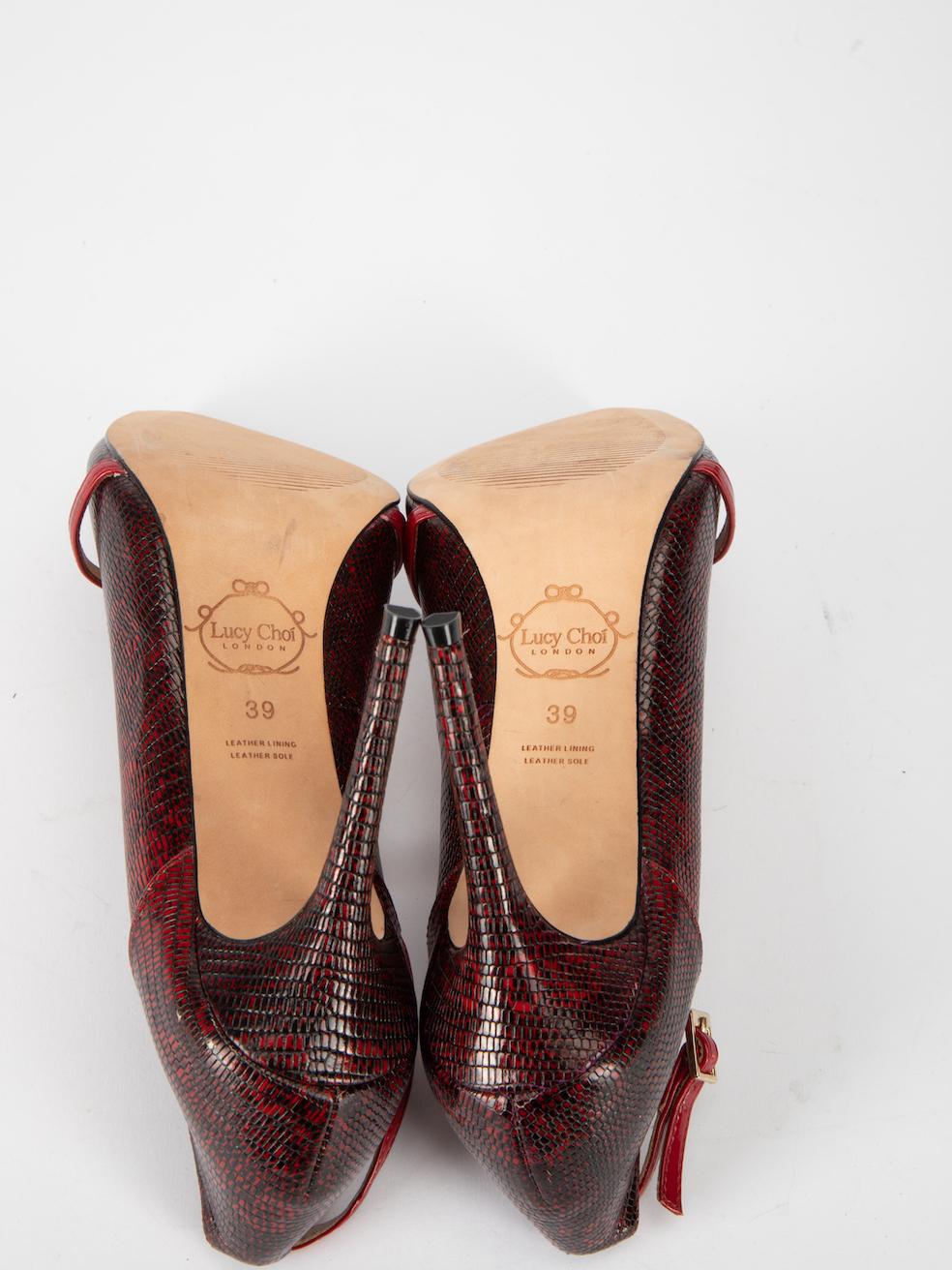 Lucy Choi Women's Burgundy Lizard Leather Strap Detail Heels 1