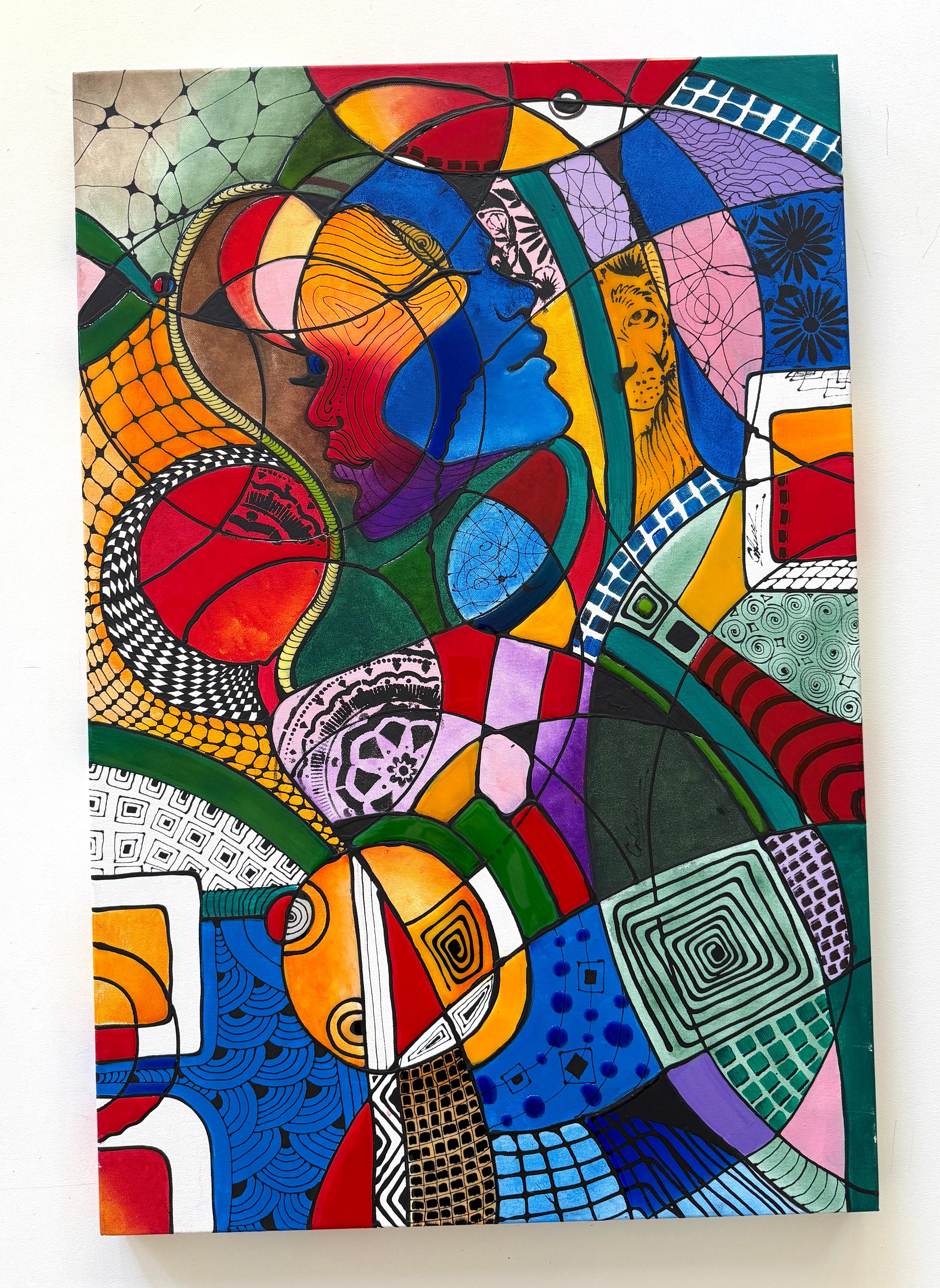 Volti del tempo Ritratto astratto Pittura originale su tela,  Pronto per essere appeso - Painting di Lucy Gregry 