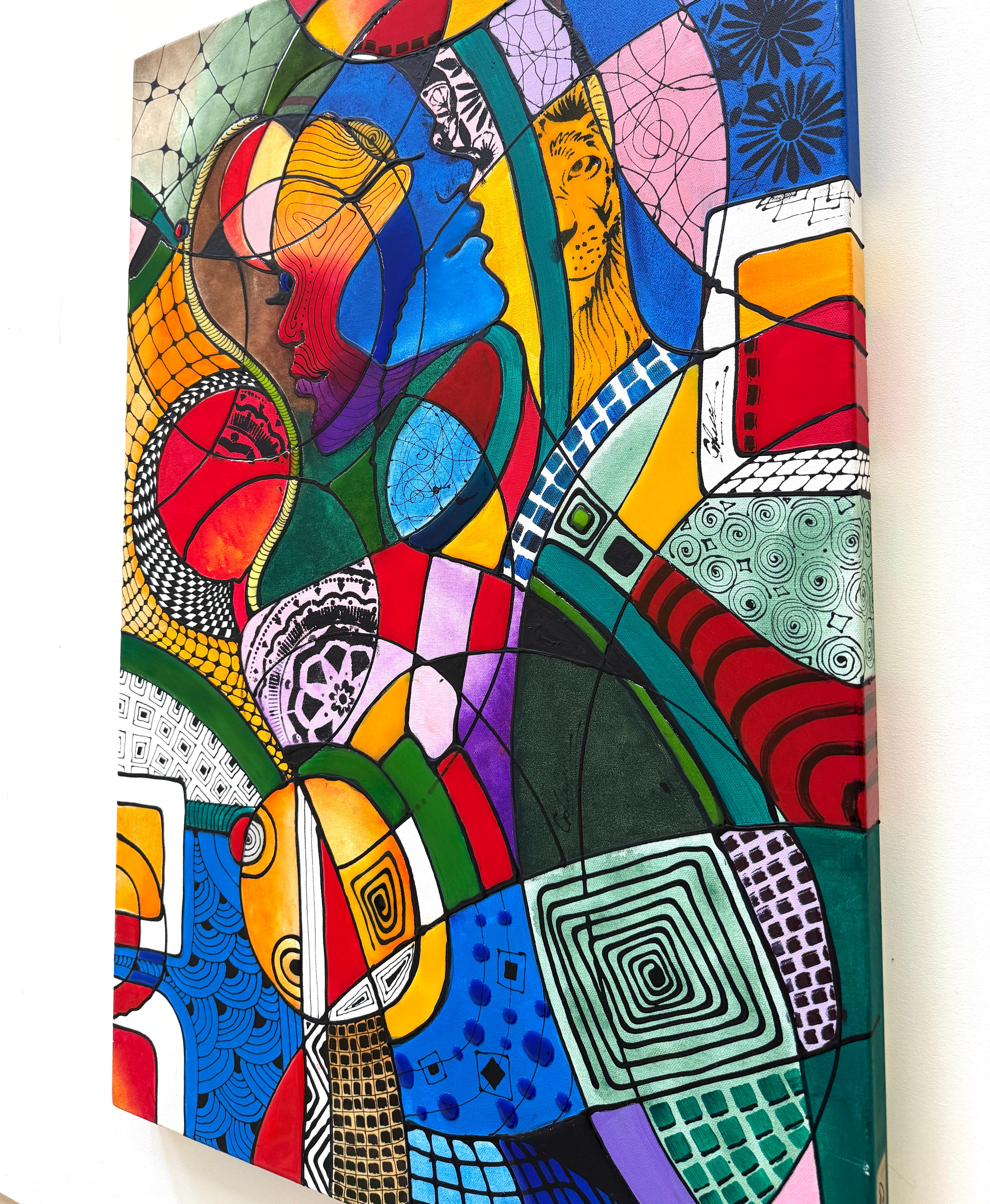 Volti del tempo Ritratto astratto Pittura originale su tela,  Pronto per essere appeso - Abstract Painting Viola di Lucy Gregry 