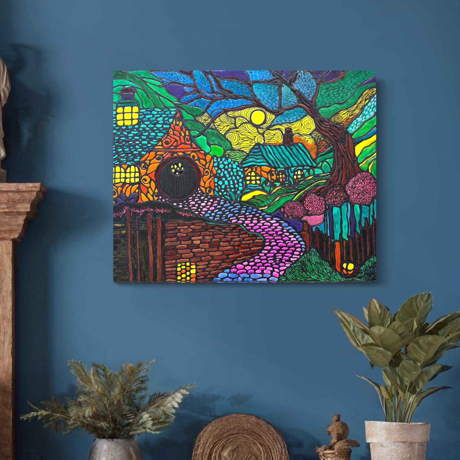 Foresta magica astratta 3D Colori al neon Quadro originale su tela, pronto da appendere in vendita 5