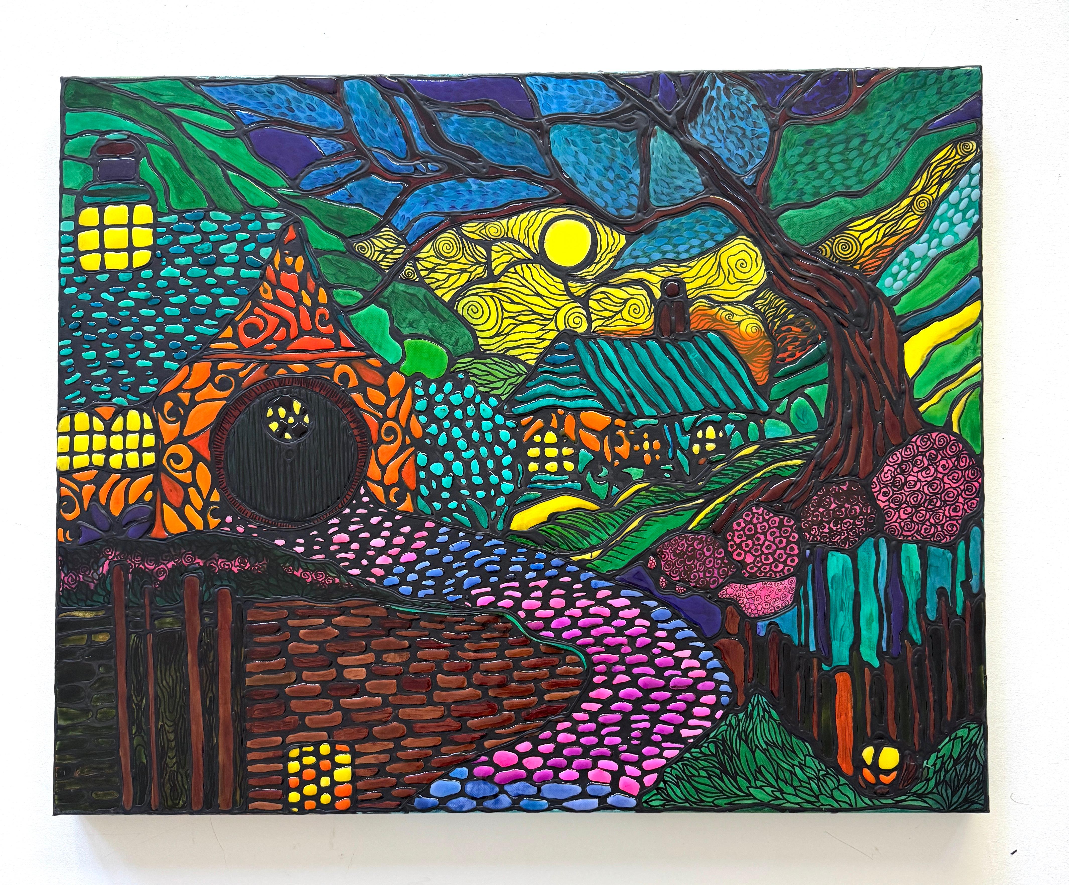 Foresta magica astratta 3D Colori al neon Quadro originale su tela, pronto da appendere - Painting di Lucy Gregry 
