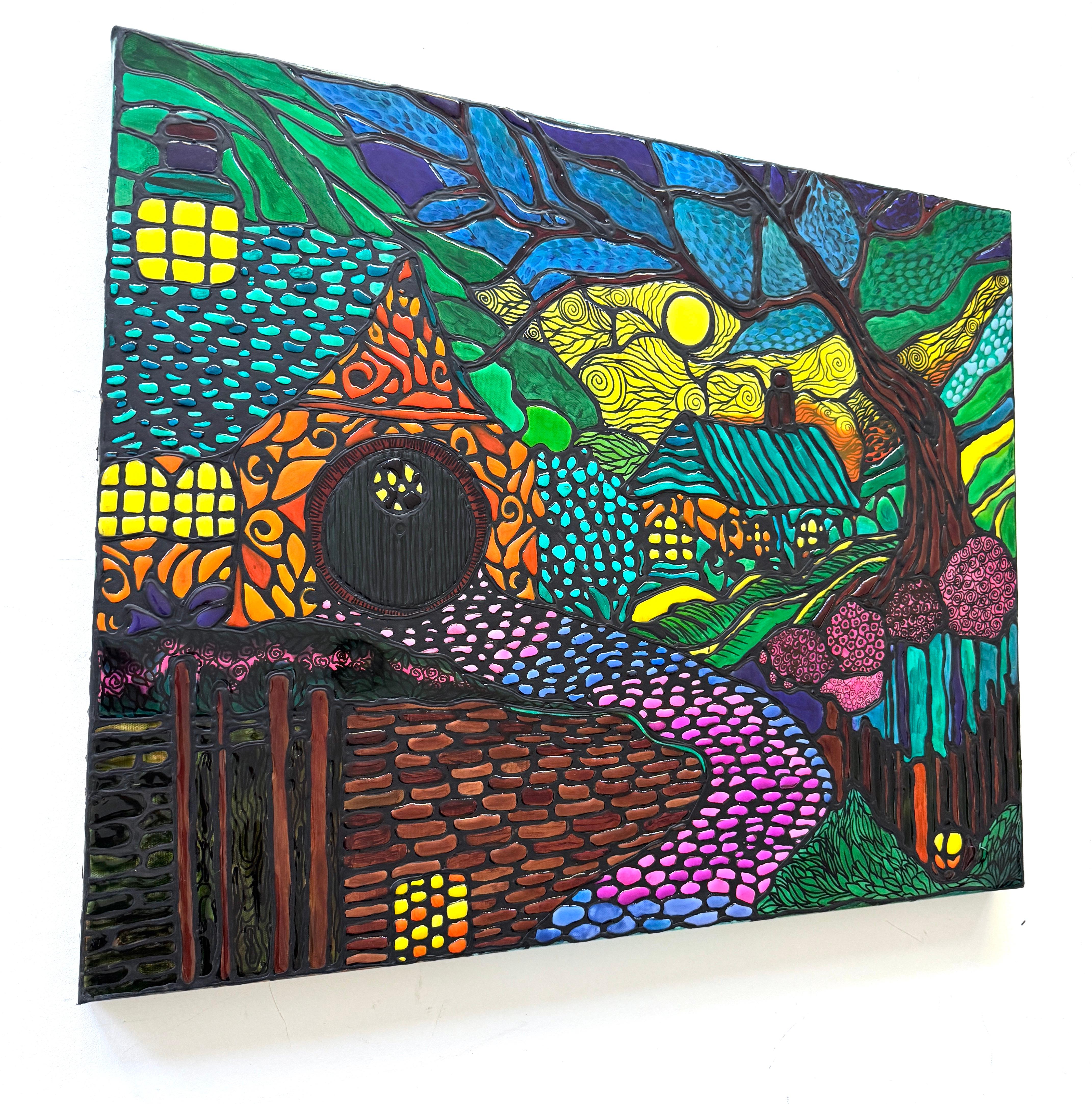 Foresta magica astratta 3D Colori al neon Quadro originale su tela, pronto da appendere - Painting Impressionismo di Lucy Gregry 