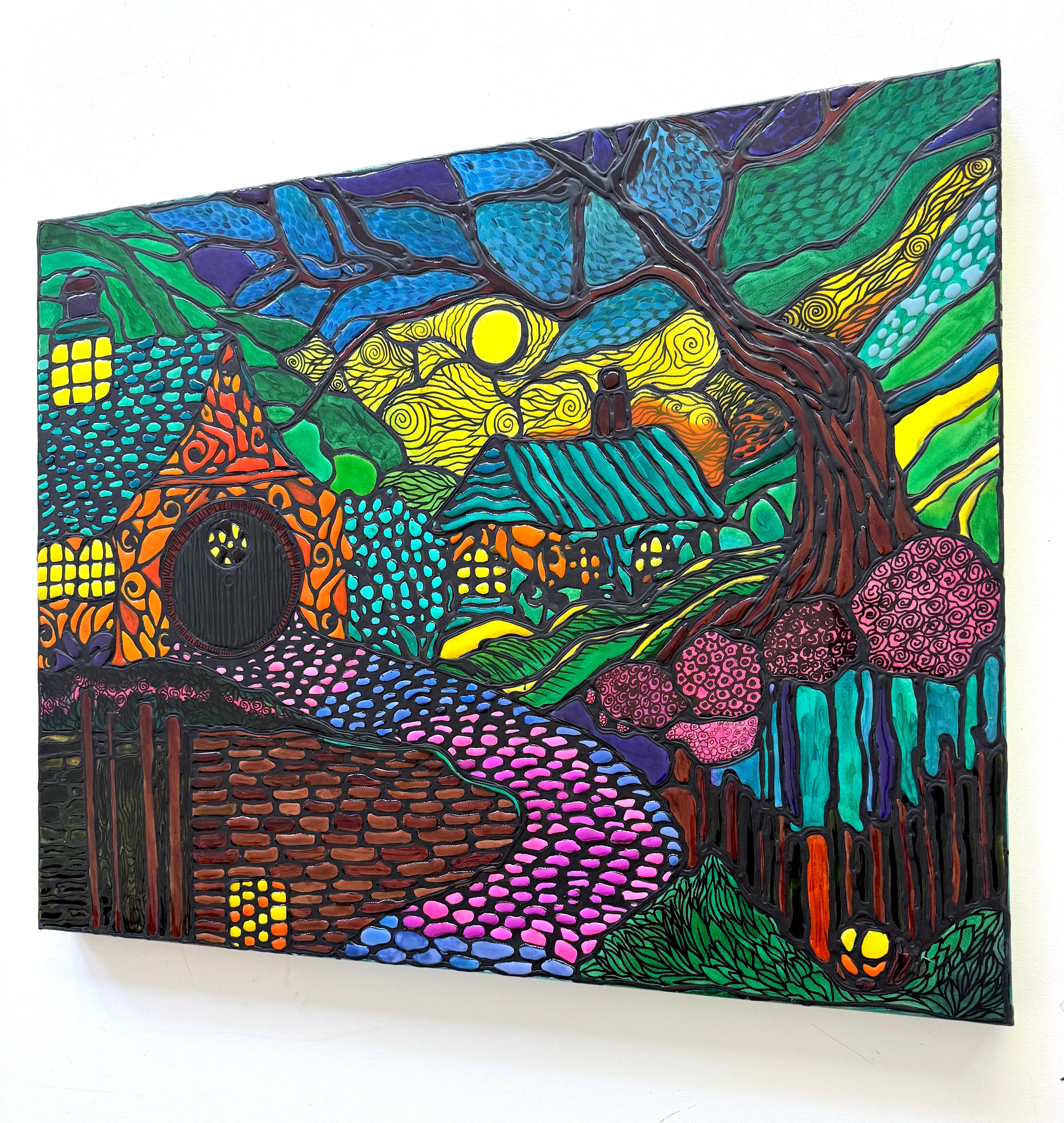 Foresta magica astratta 3D Colori al neon Quadro originale su tela, pronto da appendere - Abstract Painting Nero di Lucy Gregry 