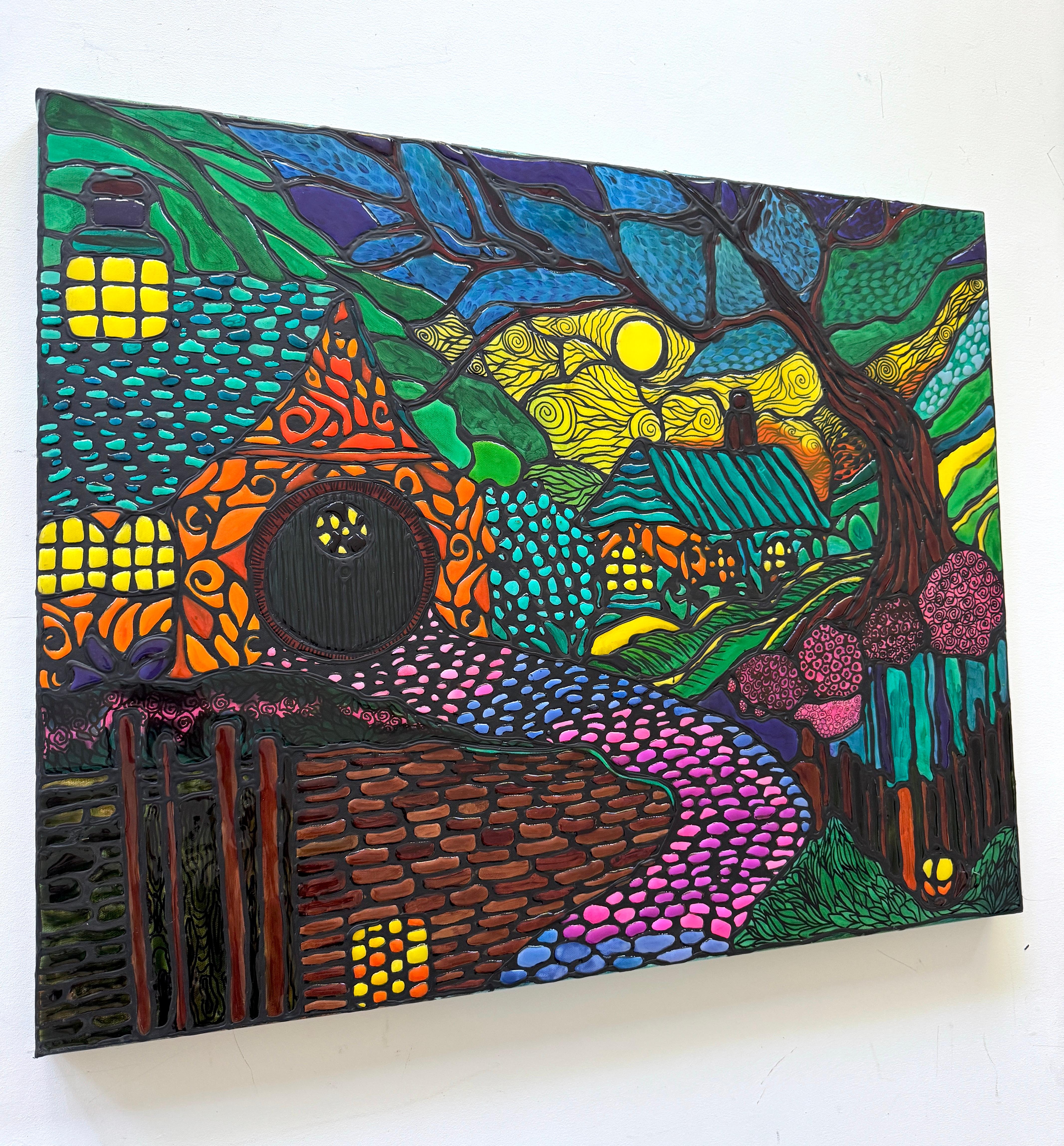 Artistics: Lucy Gregry 
Lavoro: Pittura originale, opera d'arte fatta a mano, pezzo unico 
Medium: Acrilico, resina su tela con colori al neon 3D
Anno: 2024
Stile: Arte astratta,
Titolo: Foresta magica
Dimensioni: 24
