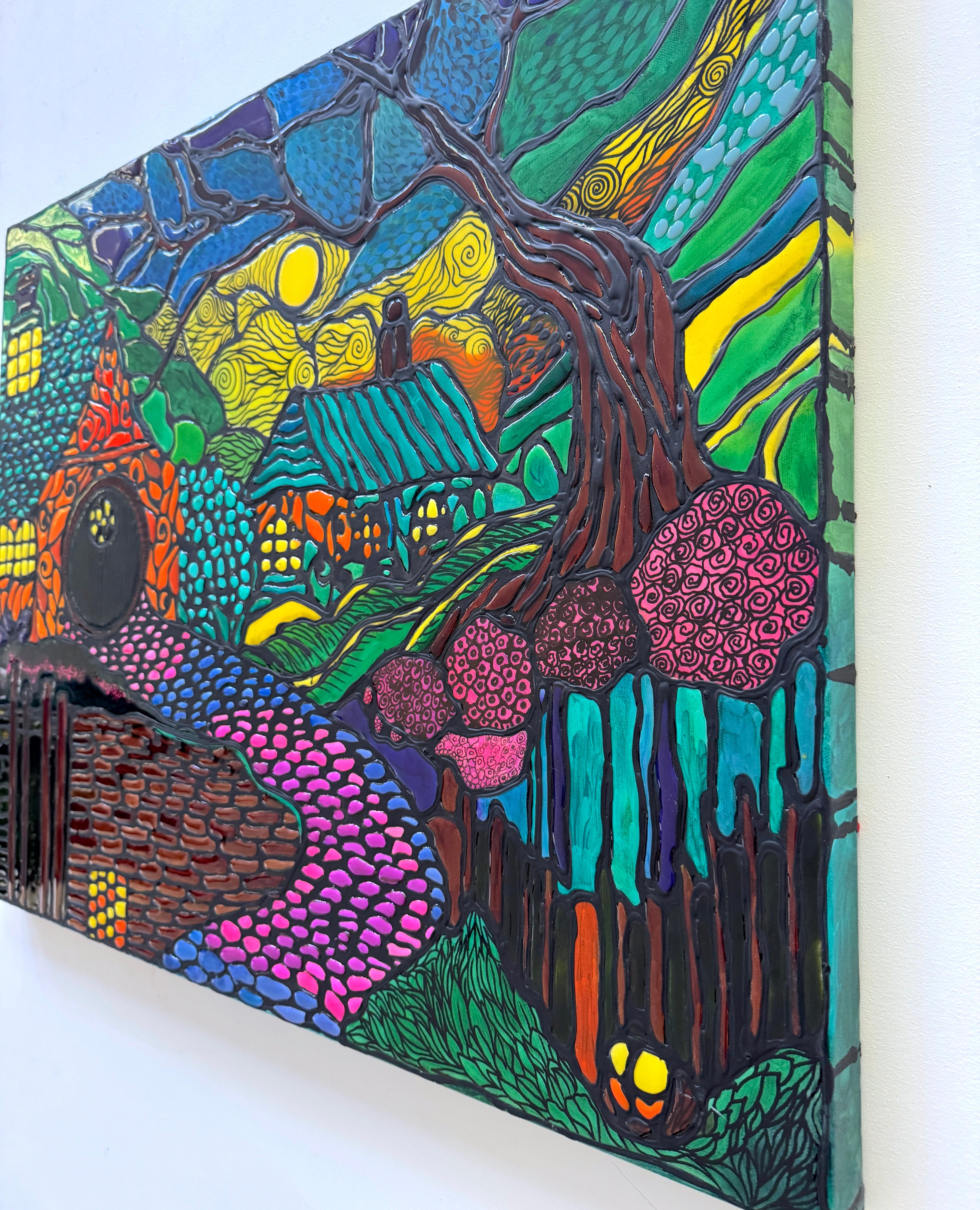 Foresta magica astratta 3D Colori al neon Quadro originale su tela, pronto da appendere in vendita 1