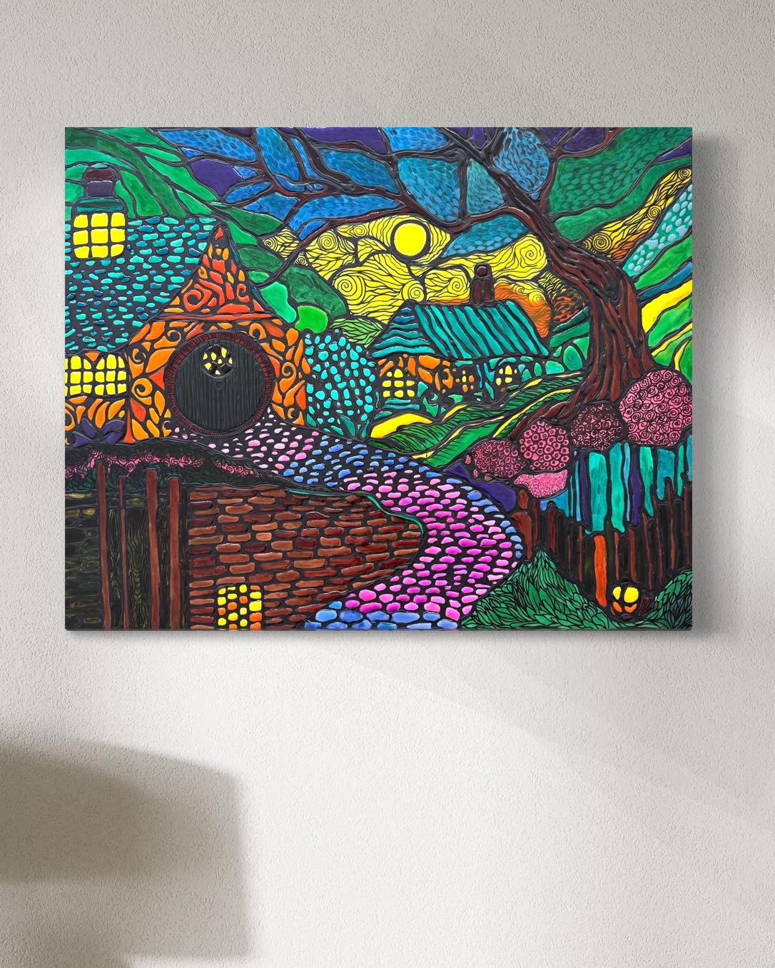 Foresta magica astratta 3D Colori al neon Quadro originale su tela, pronto da appendere in vendita 3