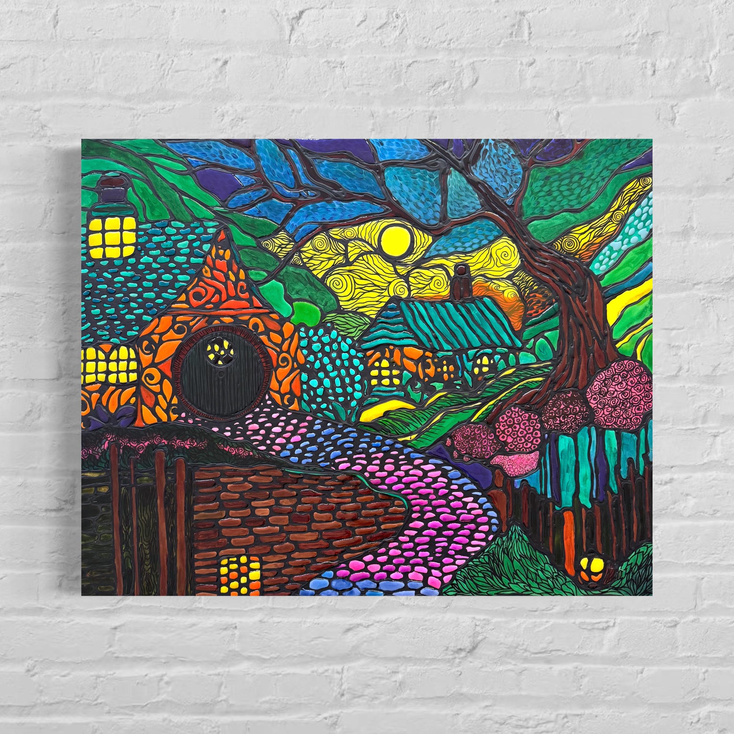 Foresta magica astratta 3D Colori al neon Quadro originale su tela, pronto da appendere in vendita 4