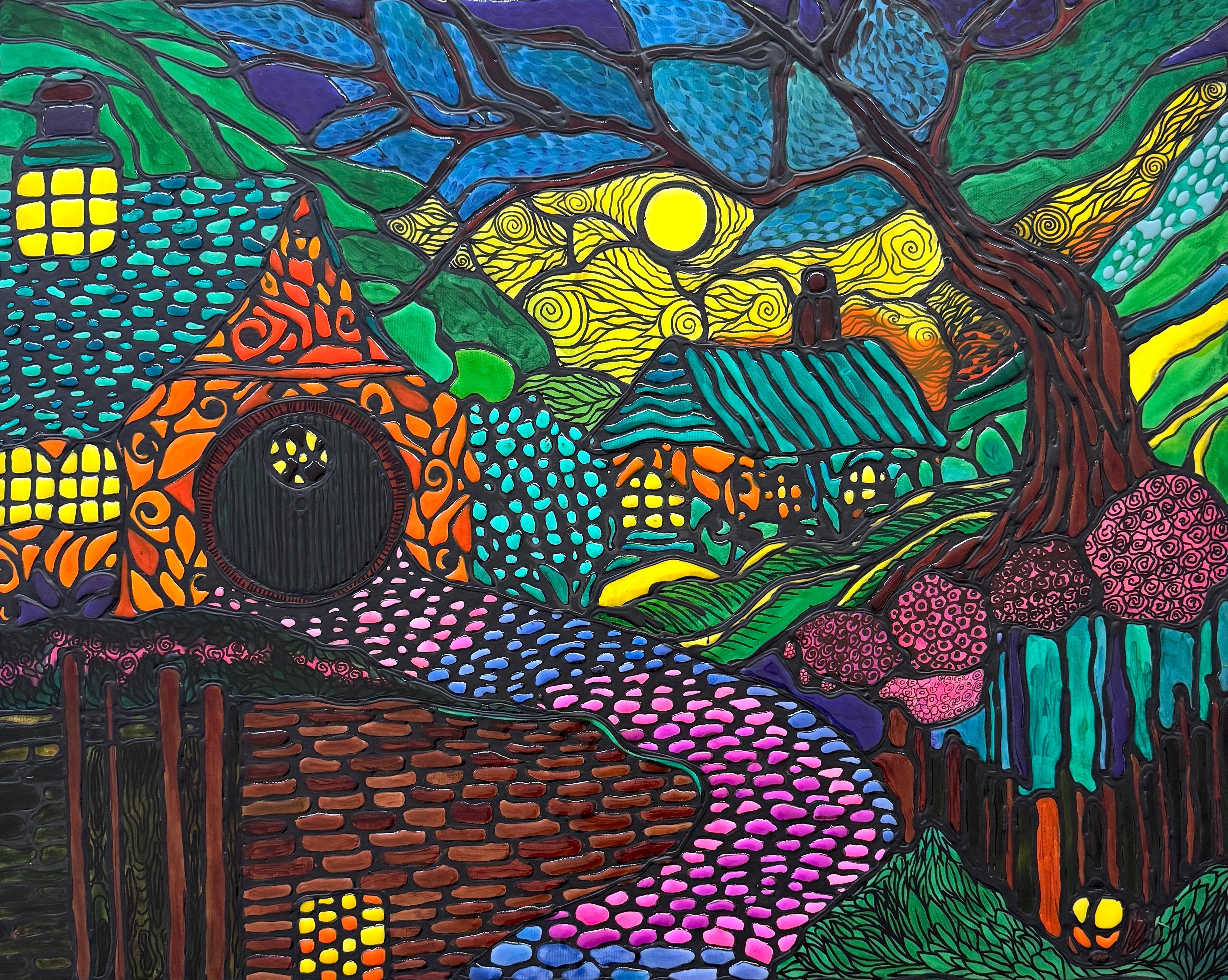 Foresta magica astratta 3D Colori al neon Quadro originale su tela, pronto da appendere