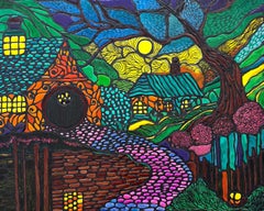 Foresta magica astratta 3D Colori al neon Quadro originale su tela, pronto da appendere