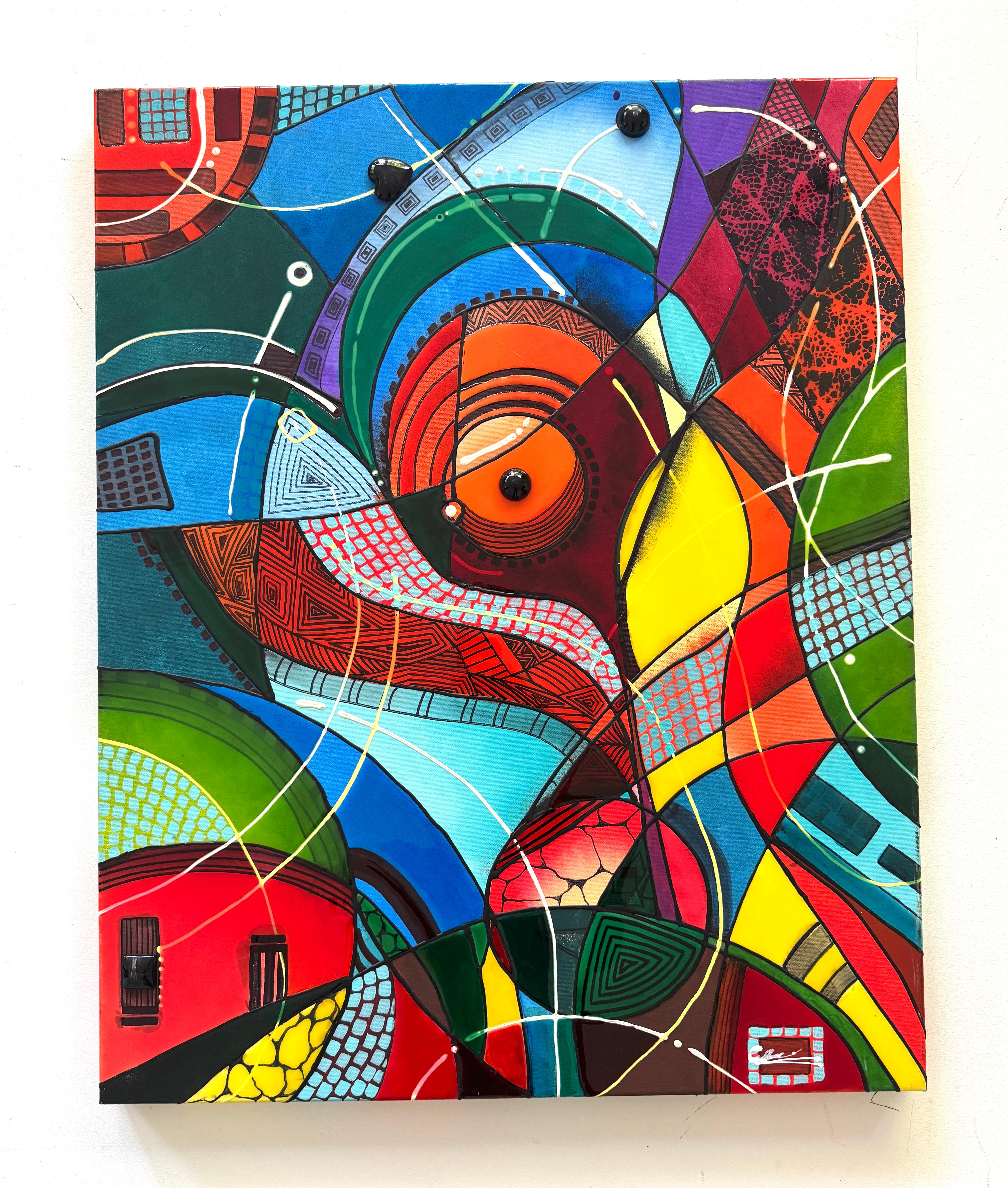 Revival Abstract 3D Neon Colors Painting on canvas,  Ready to Hang - Black Abstract Painting by Lucy Gregry 