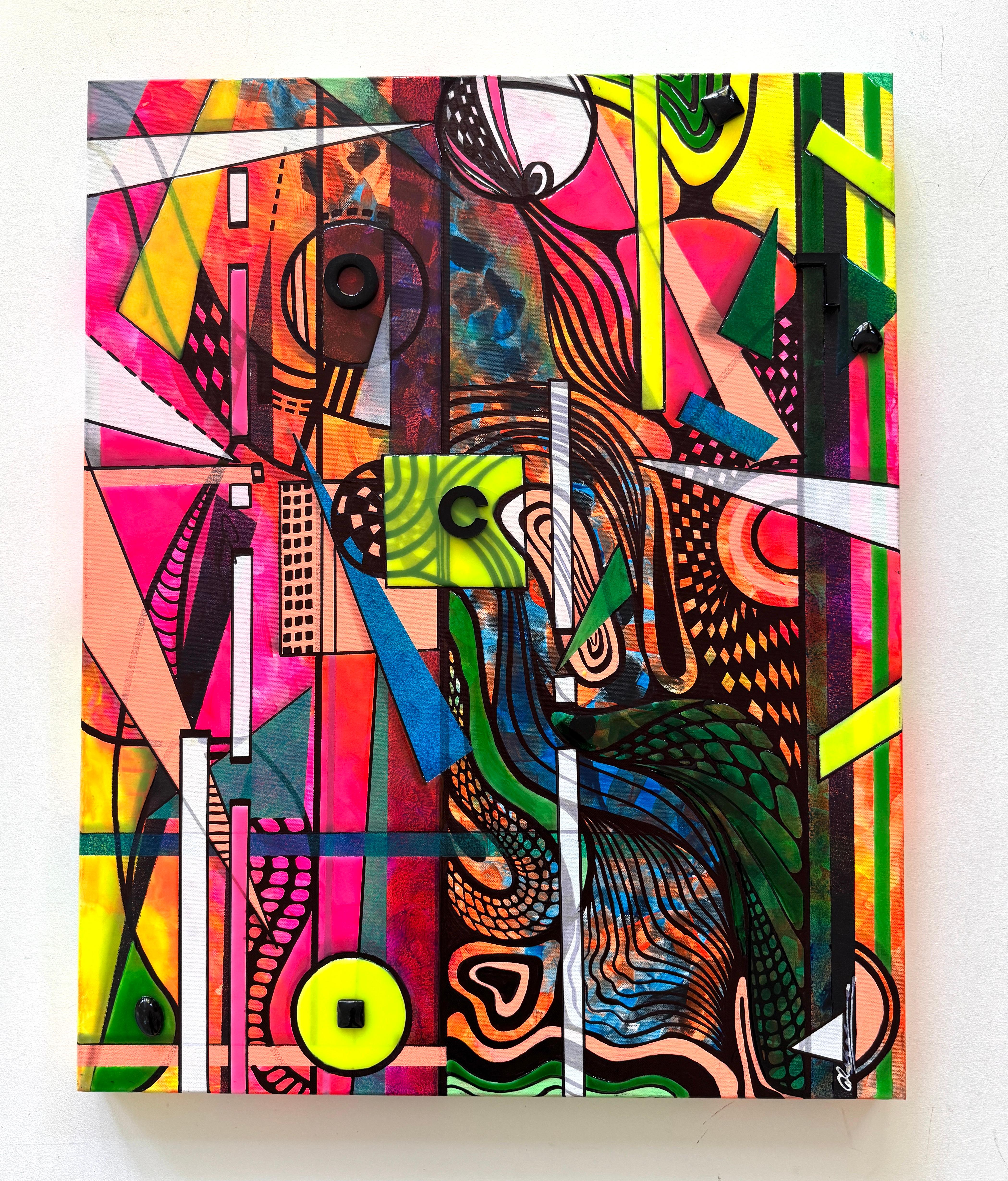 Ultrasuoni Astratto 3D Colori Neon Pittura originale su tela,  Pronto per essere appeso - Painting di Lucy Gregry 