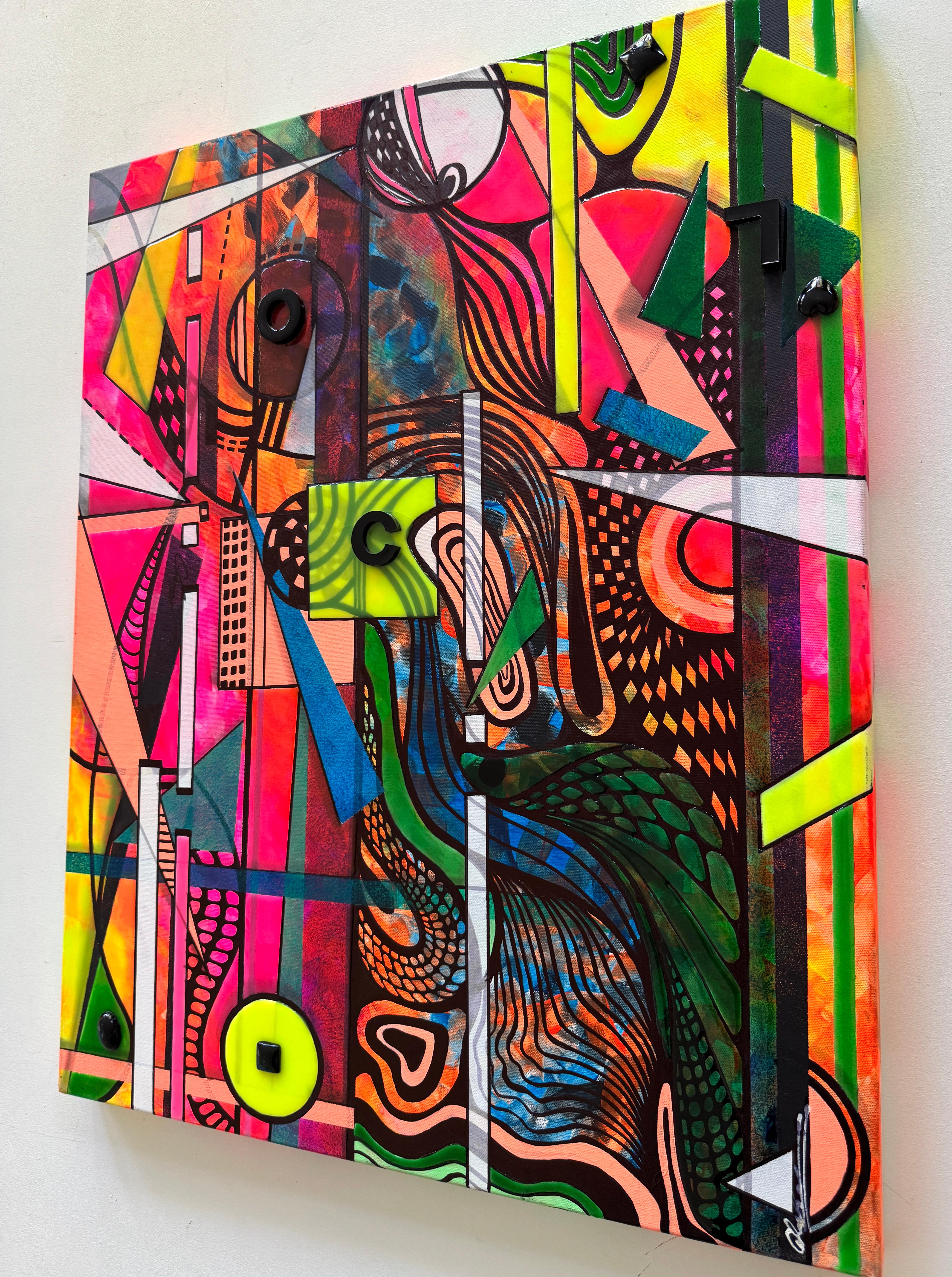 Ultrasuoni Astratto 3D Colori Neon Pittura originale su tela,  Pronto per essere appeso - Abstract Painting Nero di Lucy Gregry 