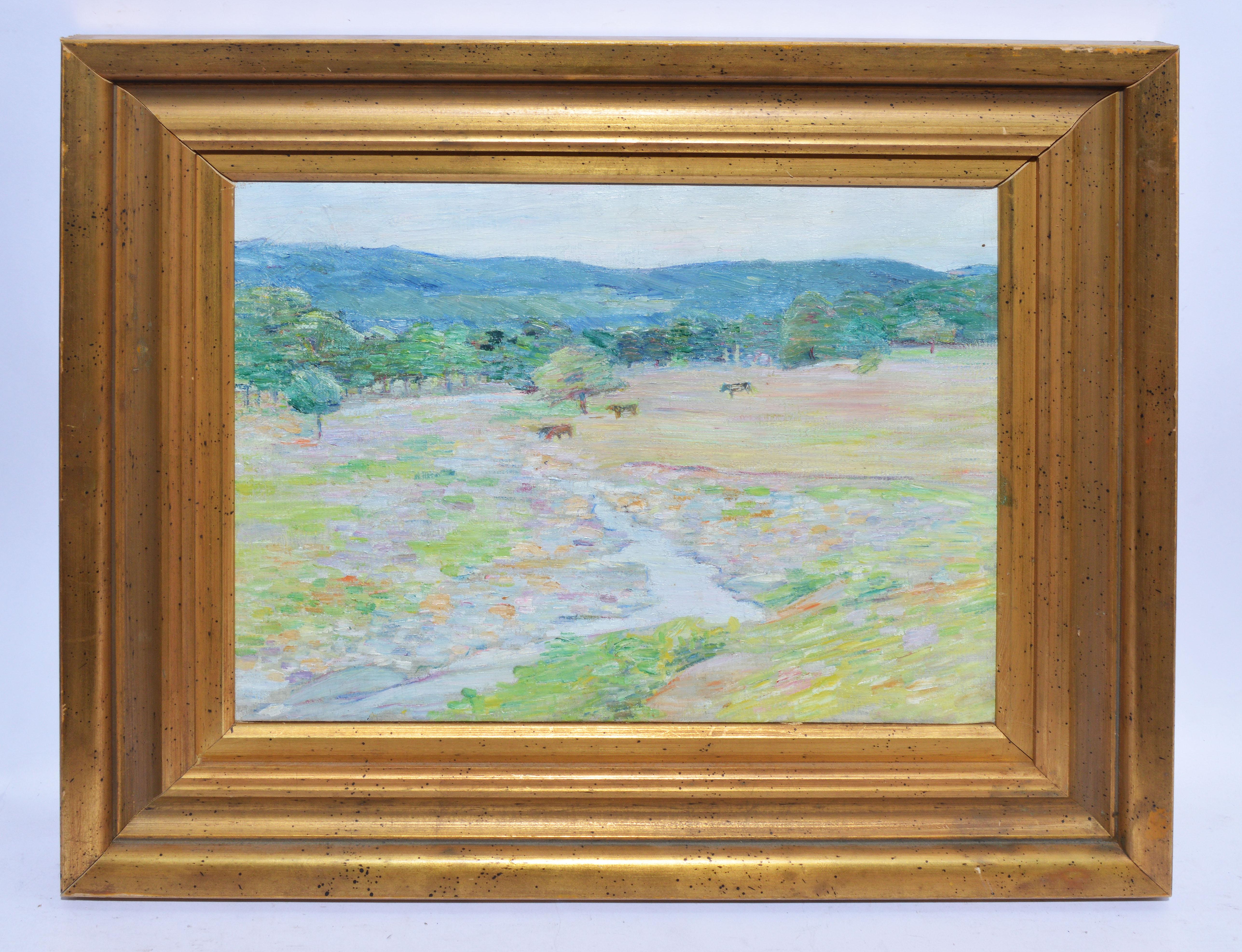 Impressionist view of a landscape with cows by Lucy Hariot Booth  (1869 - 1952).  Oil on canvas, circa 1920.  Estate stamped verso.  Displayed in a giltwood frame.  Image, 20