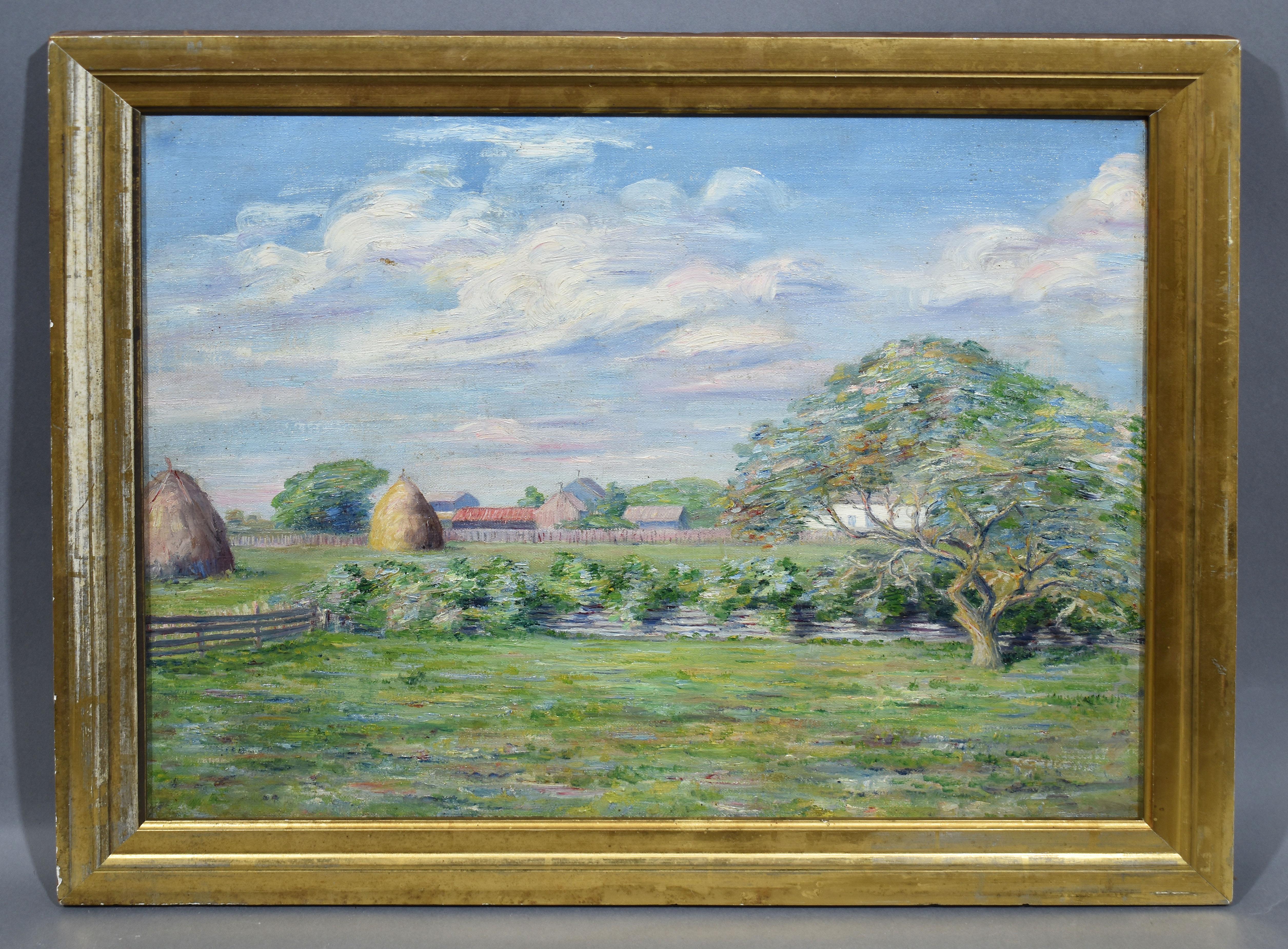 Impressionist view of a farm with hay-bales by Lucy Hariot Booth  (1869 - 1952).  Oil on canvas, circa 1900.  Unsigned.  Displayed in a giltwood frame.  Image size, 20