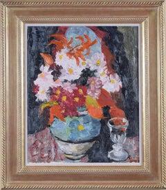 Still Life with Flowers and Glass mid-century oil painting by Eva Lucy Harwood