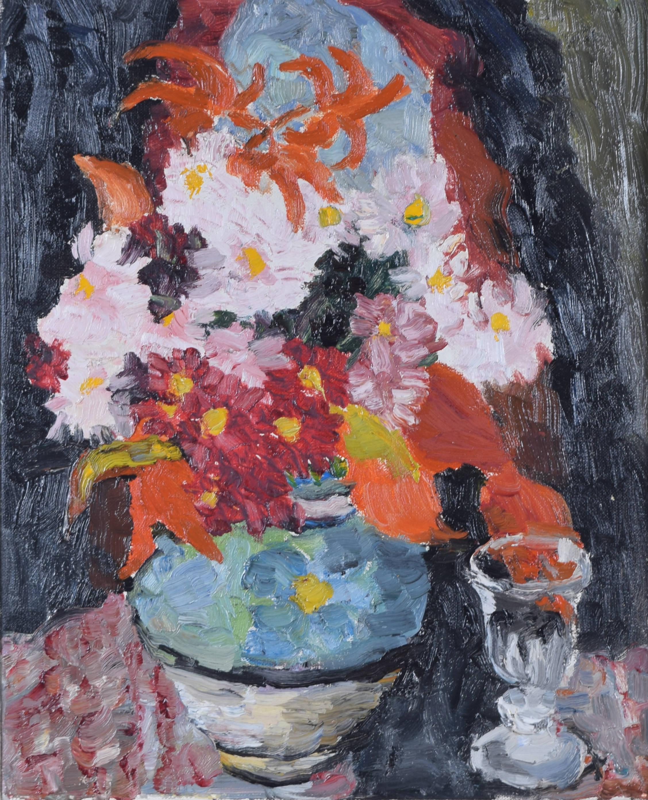 Stillleben mit Blumen und Glas, Ölgemälde von Eva Lucy Harwood aus der Mitte des Jahrhunderts