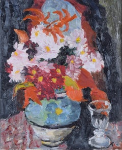 Still Life with Flowers and Glass mid-century oil painting by Eva Lucy Harwood