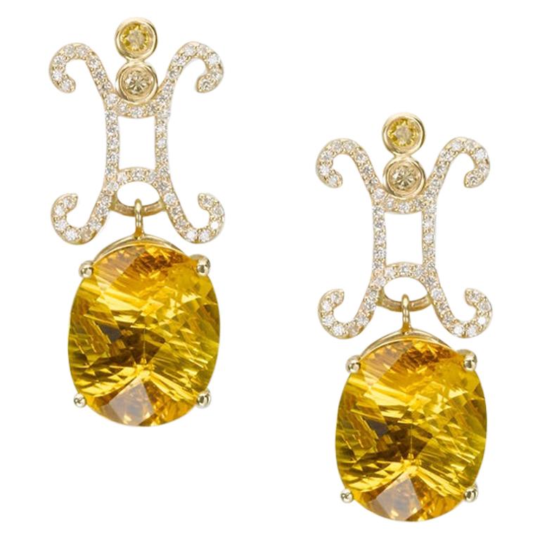 Lucy II Stud Earrings with Champagne, White Diamonds Fancy Cut Golden Beryls For Sale