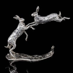 'Leaping Hares' Sterling Silver Limited Edition Sculpture by Lucy Kinsella