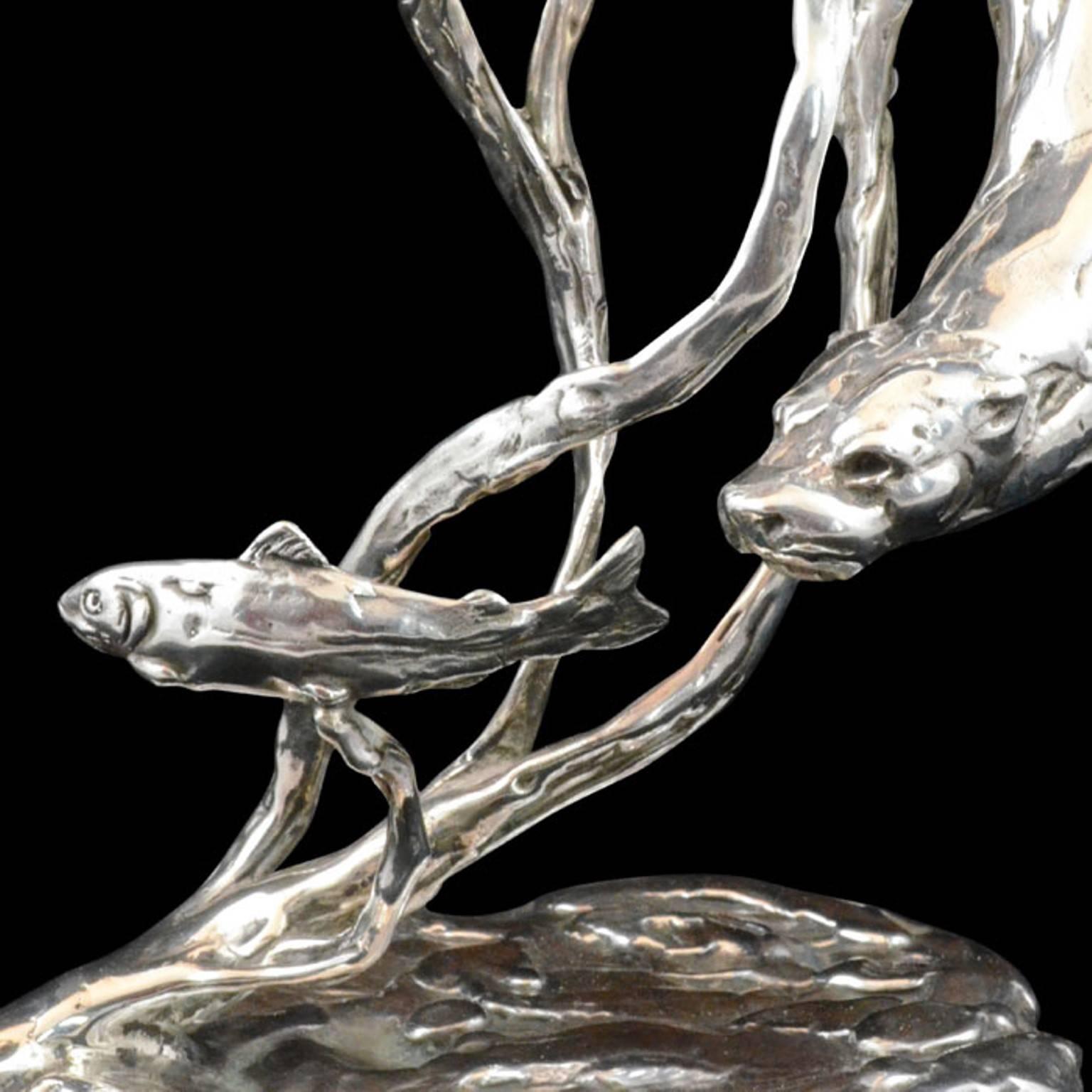 'Otter Chasing Trout' Sterling Silver Sculpture By Lucy Kinsella 2